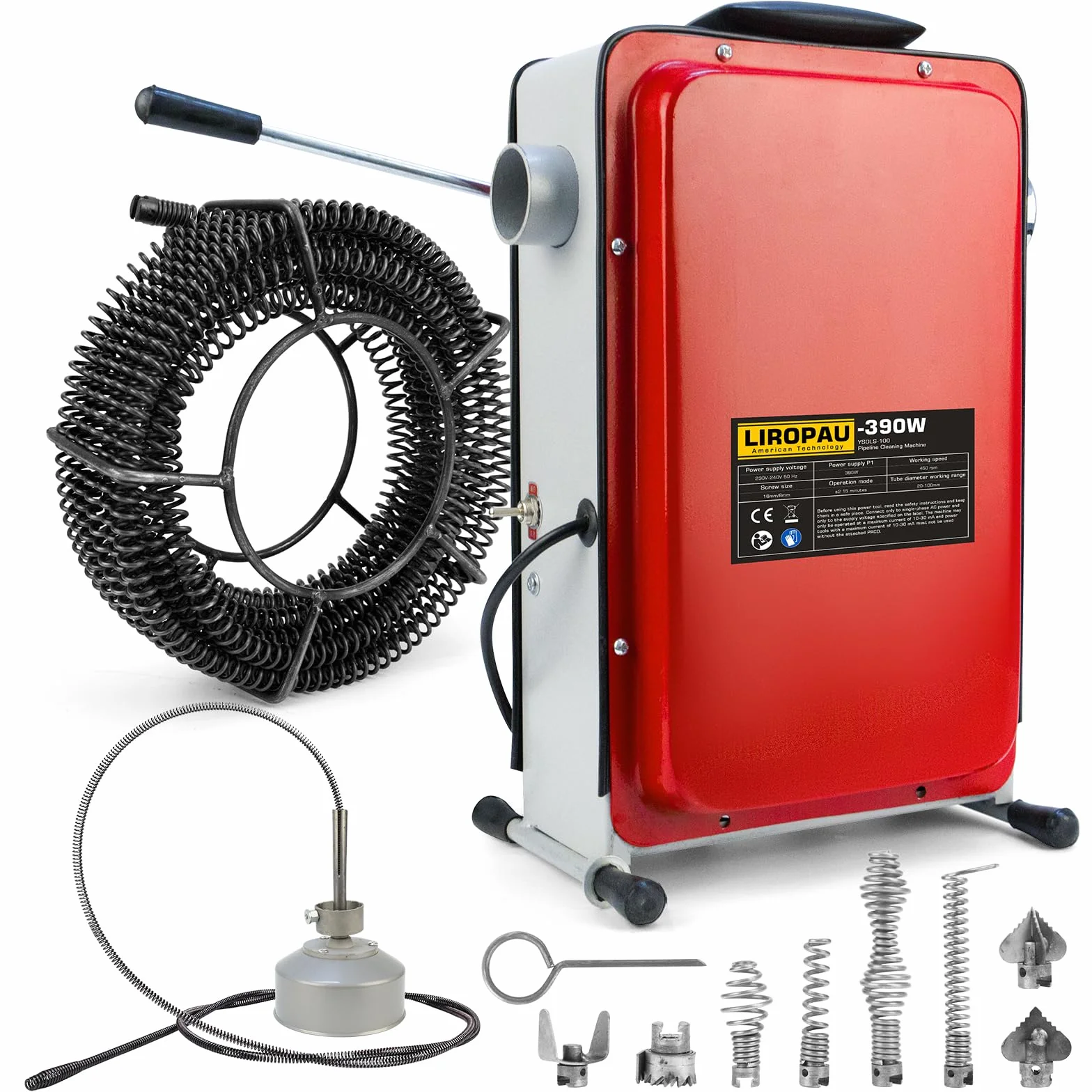 Elektryczna maszyna do czyszczenia rur 390 W, 450 obr./min, z przełącznikiem FI do rur Ø 20-100 mm, spirala do czyszczenia rur Ø 8 mm 10 m, spirale 16 mm 14,5 m, urządzenie do czyszczenia rur