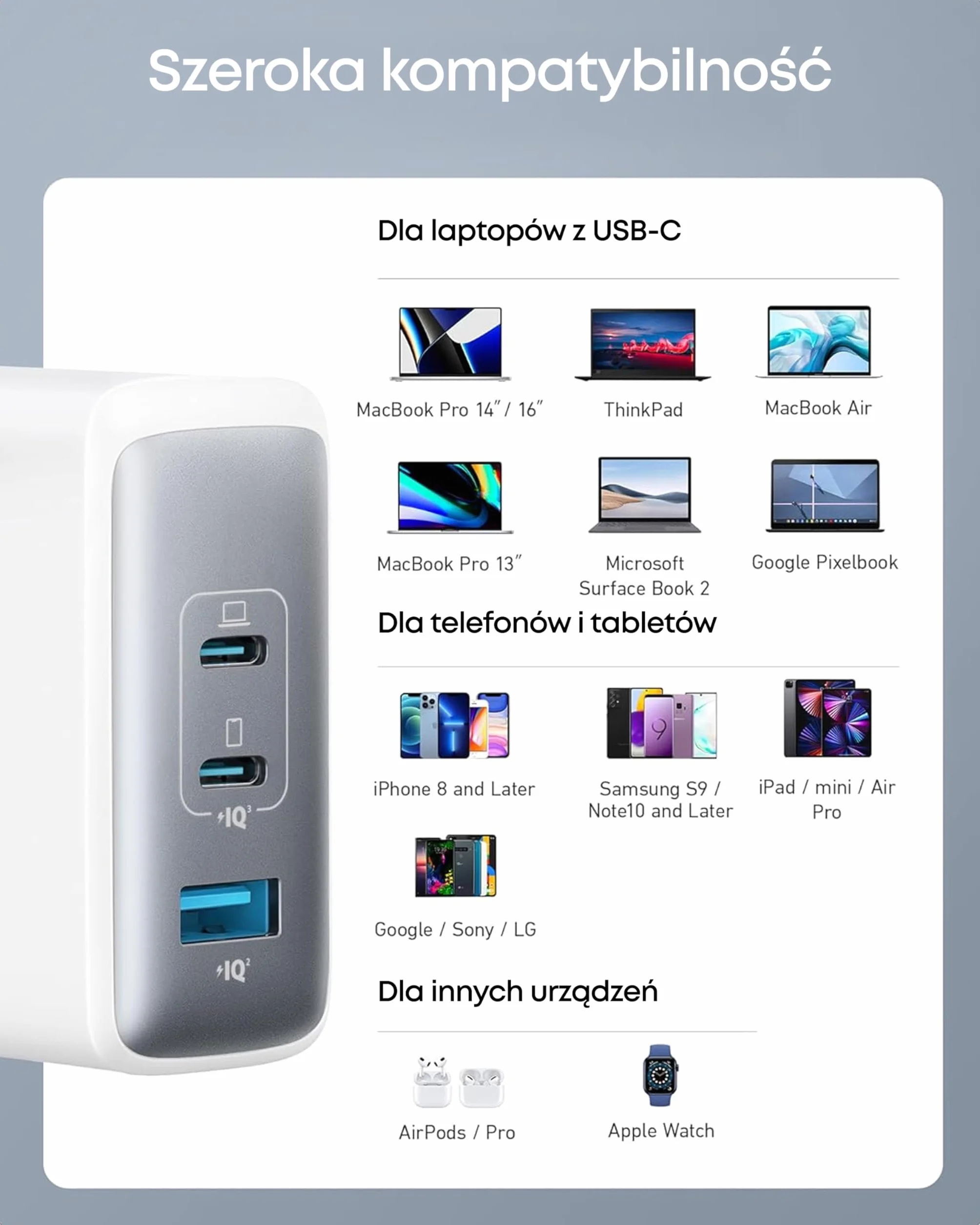 Ładowarka Anker 736 (Nano II), USB C 100 W, 3-portowy zasilacz USB C do MacBook Pro/Air, iPad Pro, Galaxy S22/S20, iPhone 15/Pro (Biały)