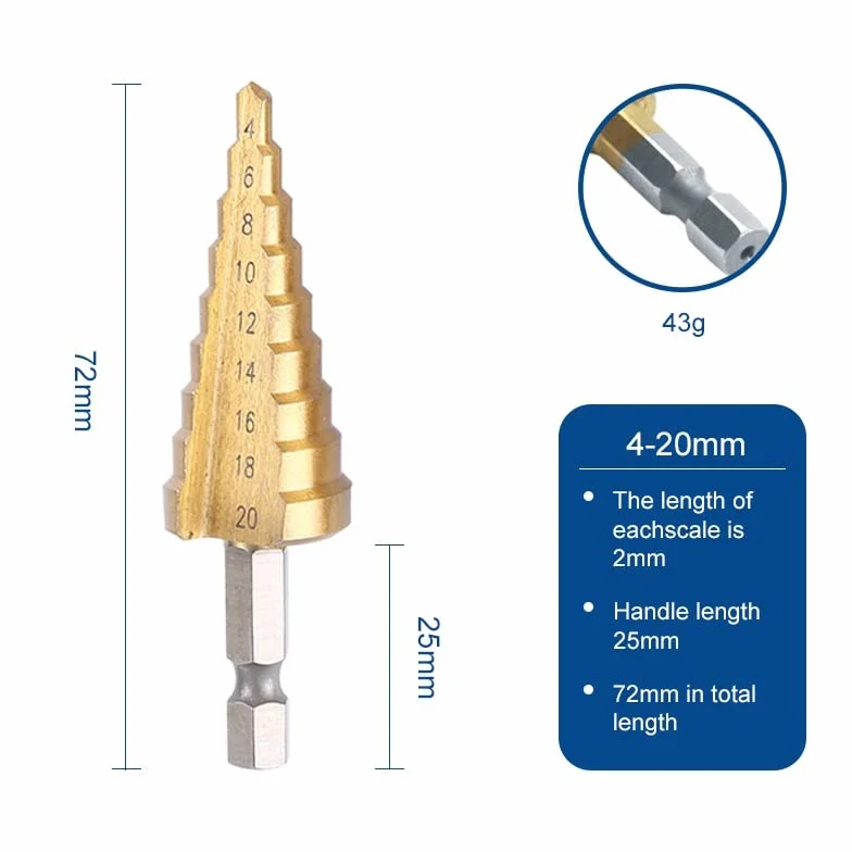 1/3 SZTUK 4-20 mm 4-12 mm 4-32 mm Ostrzałka do wierteł stopniowych Wiertła do metalu Zestaw wierteł Etap Wielofunkcyjne wiercenie stopniowe Stożkowe obróbka drewna (Rozmiar: Złoto 3 szt.) (Złoto
