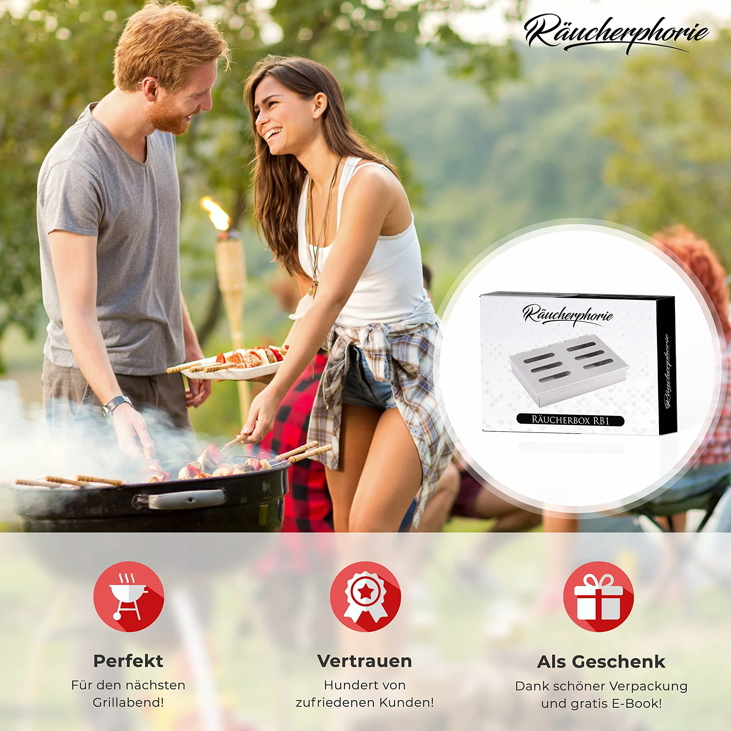 Räucherphorie® Räucherbox - Premium skrzynka wędzarnicza ze stali nierdzewnej + E-Book - Wędzarnia BBQ w wersji premium do grilla gazowego, elektrycznego lub na węgiel drzewny (RB1)
