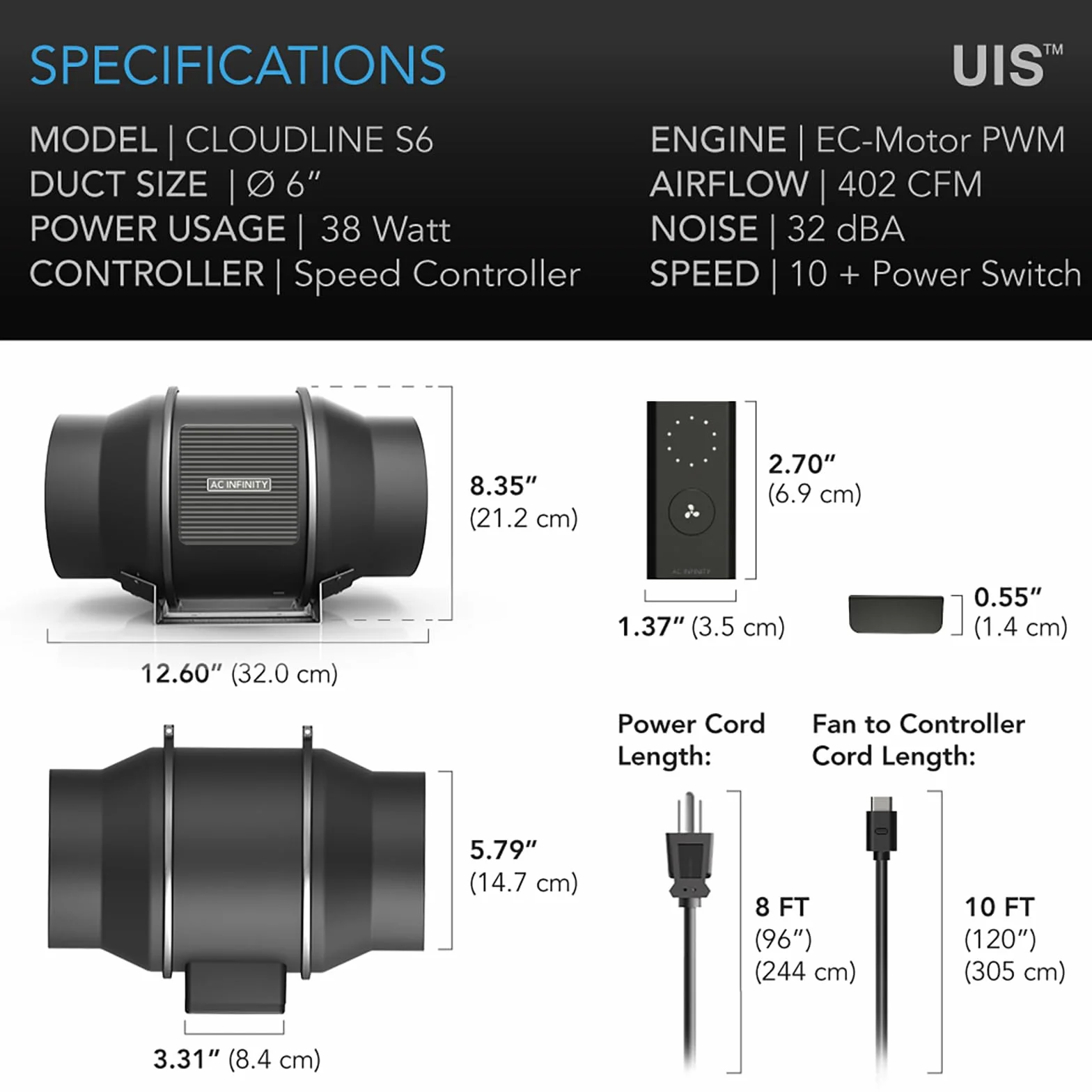 AC Infinity CLOUDLINE PRO S6, cichy wentylator kanałowy 15 cm z regulatorem prędkości – wentylator wyciągowy z silnikiem EC do ogrzewania, chłodzenia i wspomagania przepływu powietrza, namiotów