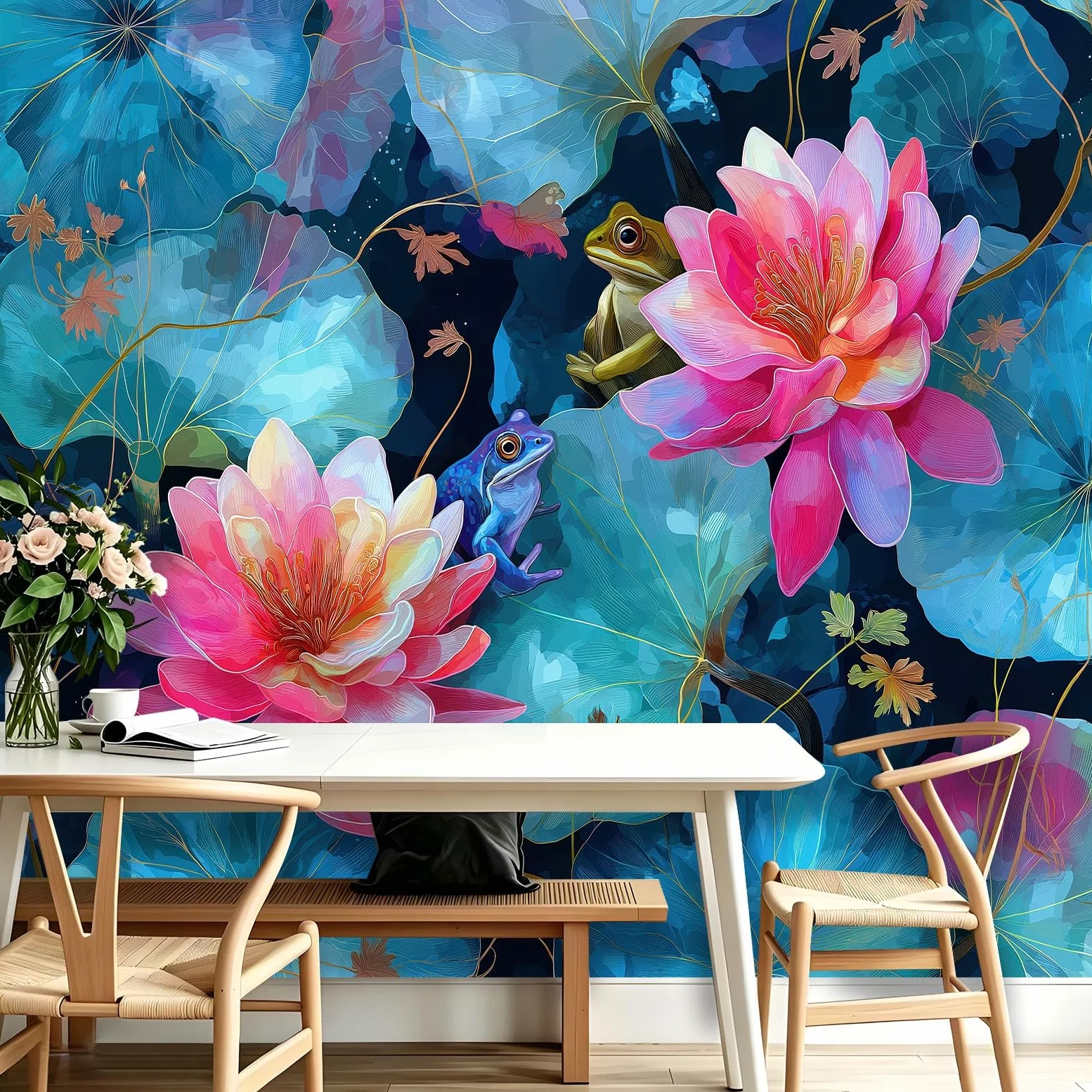 Générique Tapeta ścienna do salonu - akwarela żaby zwierzęta - 350x256cm Panoramiczna tapeta z włókniny, kwiatowe lilie wodne liście lotosu dekoracja ścienna 3D gobelin zdjęcie