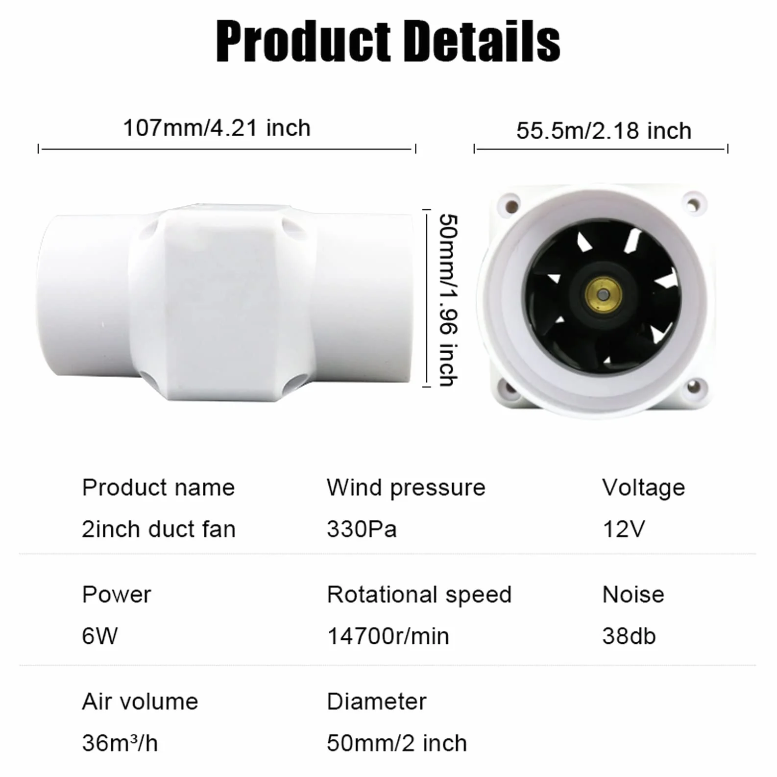 2 Cal wentylator kanałowy do łazienki 12V 6W wbudowany wentylator wyciągowy Mini dmuchawa wentylacyjna potężny wentylator turbo do samochodu, szklarnia, namiot do uprawy (Color : 50-50mm)
