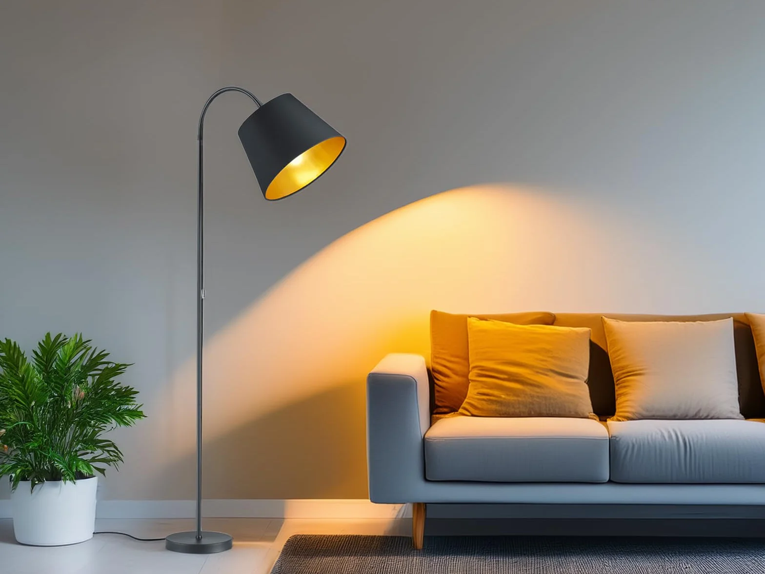 meineWunschleuchte Lampa podłogowa z ramieniem flex i abażurem z tkaniny w kolorze czarnym & wewnątrz złotym - wysokość 156cm, SP1003STEH, lampa podłogowa elastyczna