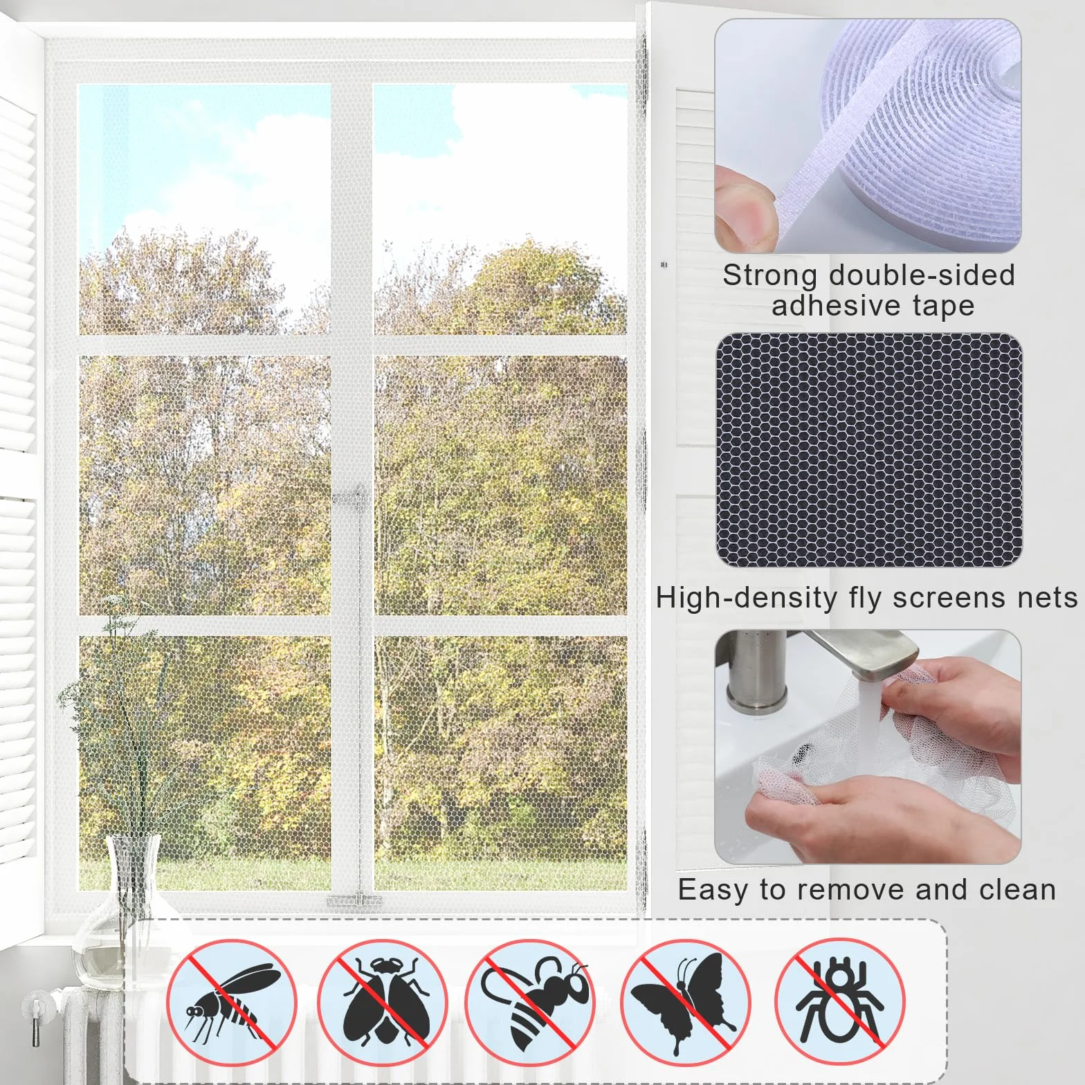 Moskitiera okienna na okno z taśmą na rzepy, ochrona przed owadami, siatka okienna bez wiercenia, 130 x 150 cm, z możliwością przycięcia, samoprzylepna siatka przeciw owadom o dużej gęstości, 5 szt