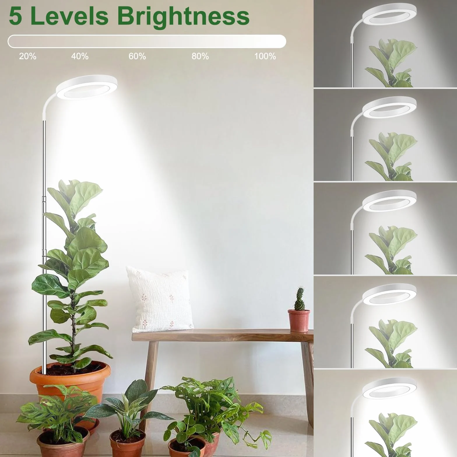 Lampa do uprawy roślin 80 LED 165 cm Pełne spektrum Timer 6/12/16H Biała