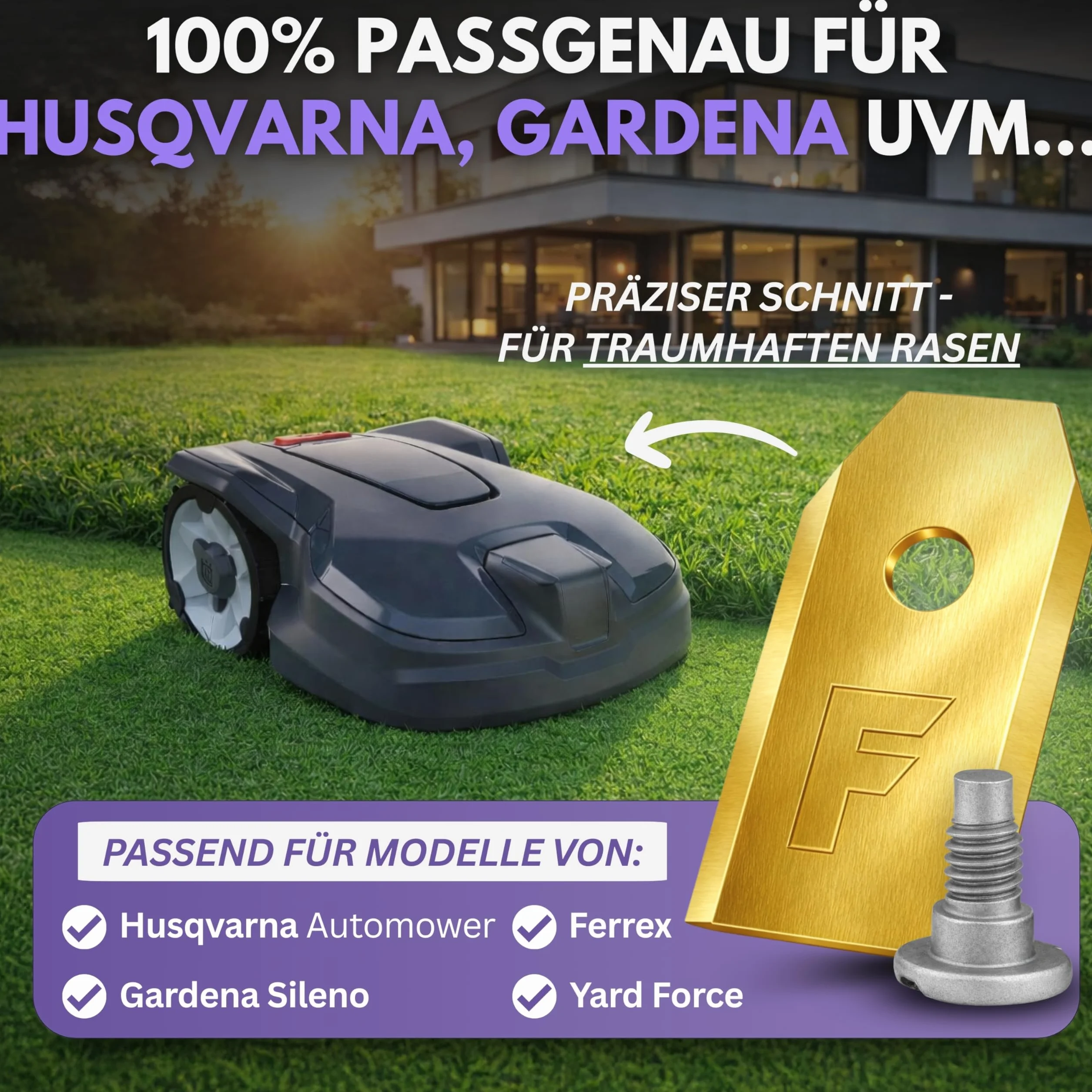30x ostrza tytanowe LONGLIFE pasujące do wszystkich kosiarek automatycznych Husqvarna® Automower® / Gardena® - (3g - 0,75mm) + 30 śrub - pasują do kosiarek automatycznych 105, 310, uvm