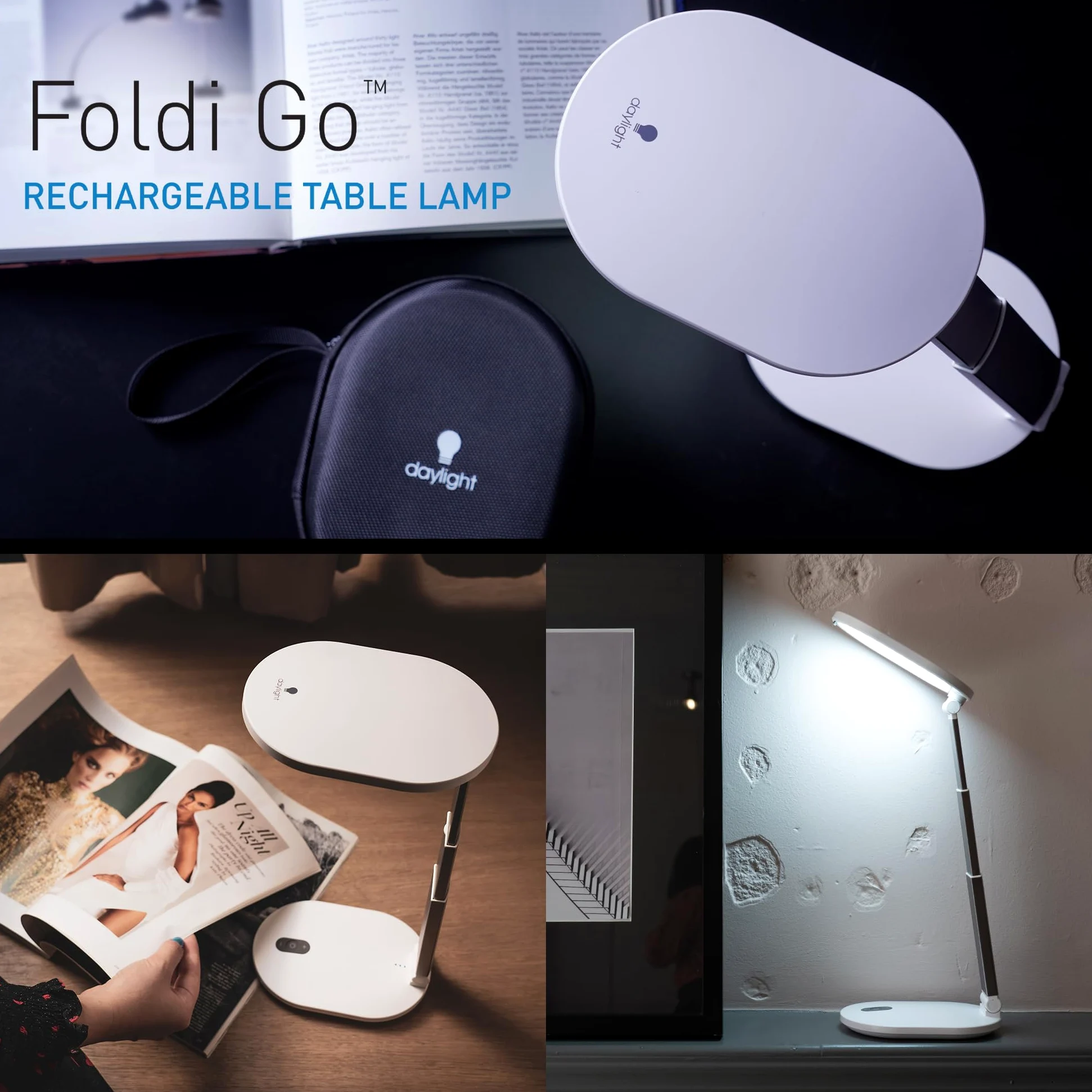 daylight Foldi Go Lampa biurkowa LED, lampka do czytania z akumulatorem, możliwość ściemniania, składana, LED, światło dzienne