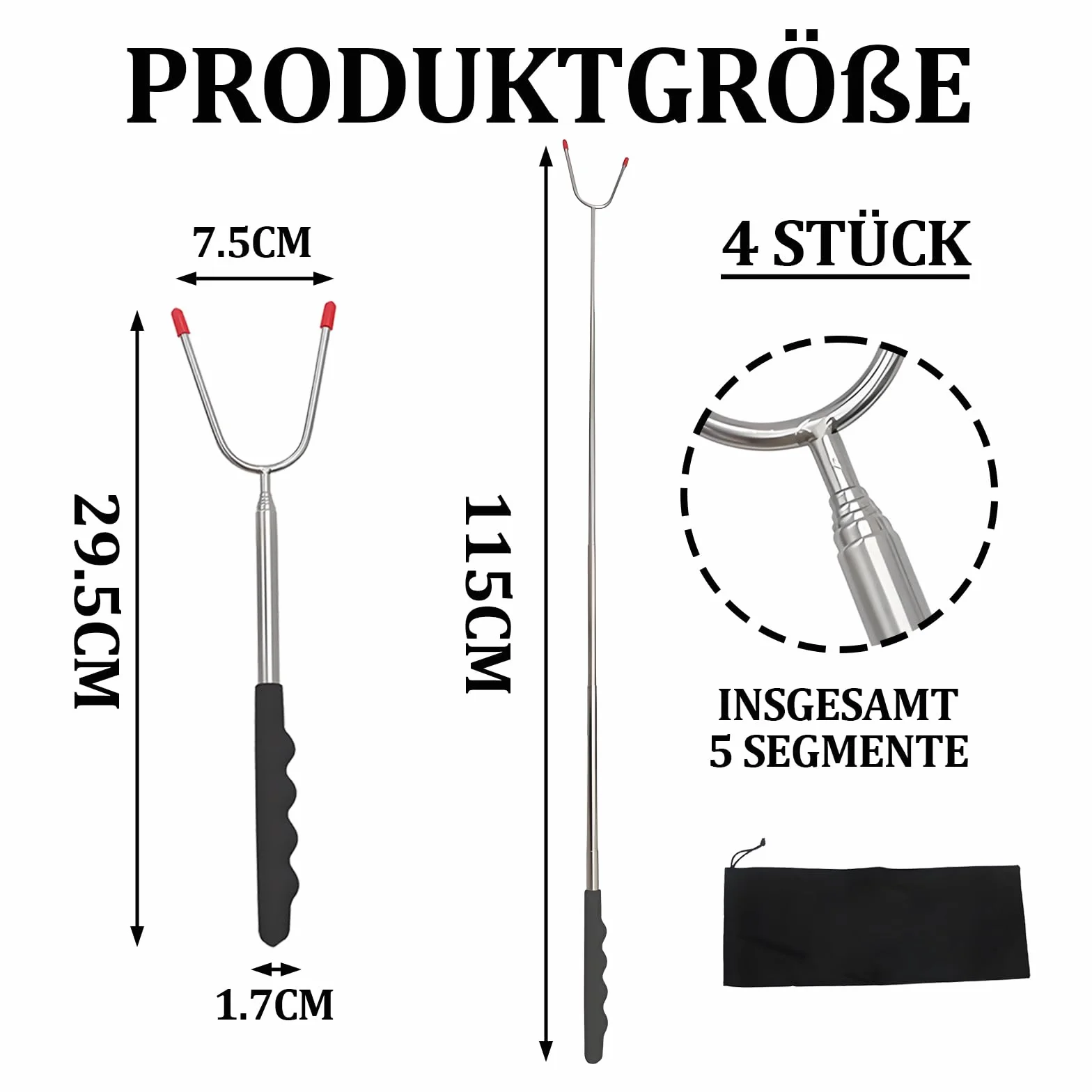 4 sztuki szaszłyków do grilla ze stali nierdzewnej, 31-115 cm, teleskopowe, szpikulce do grilla, szpikulce piankowe, izolowane uchwyty, widelec do grillowania na kemping, imprezę w ogrodzie, na grillu