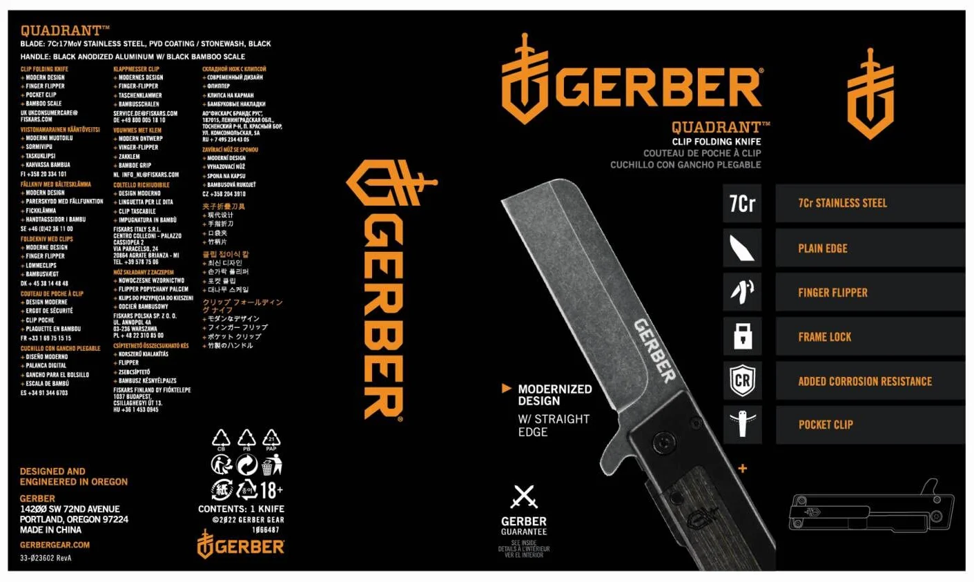 Gerber Scyzoryk z klipsem, Quadrant, blokada Frame Lock, długość ostrza: 7,1 cm, czarny wzór bambusowy, 1066487