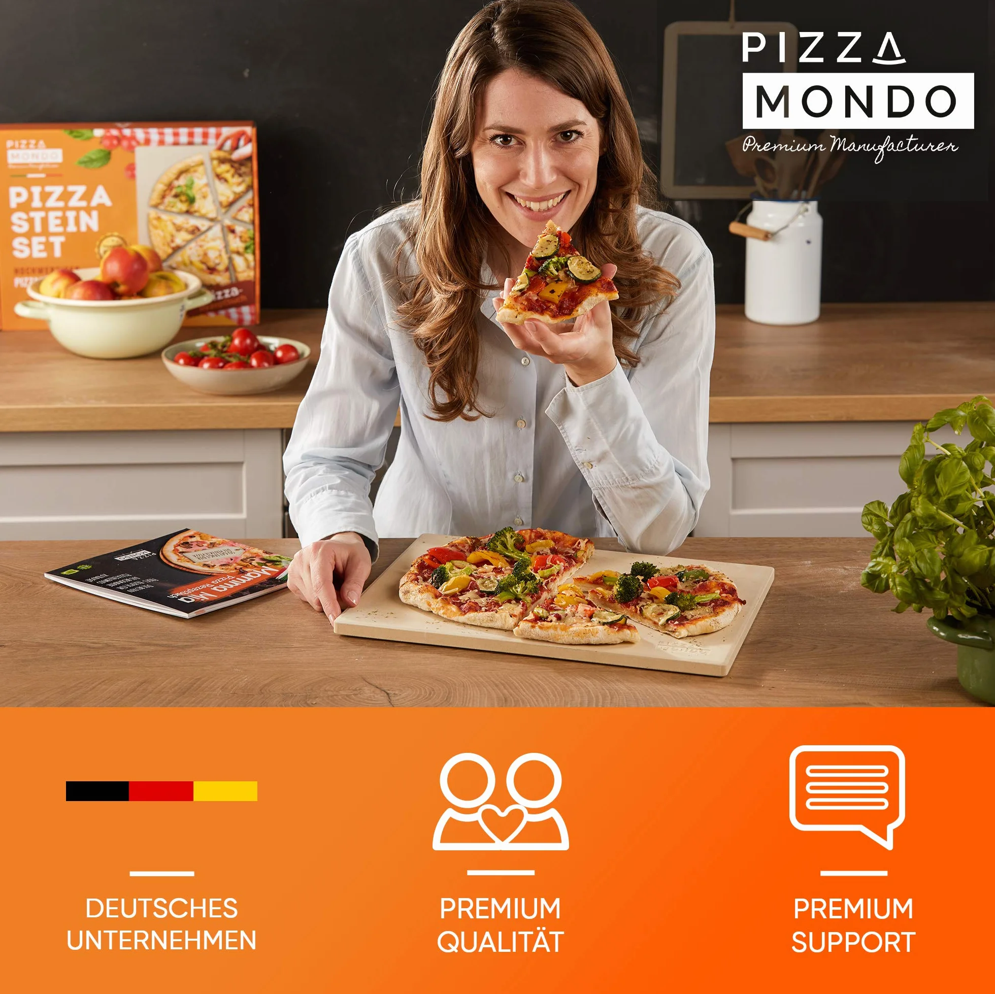 Pizza Mondo® kamień do pizzy do piekarnika, grilla i grilla gazowego (w zestawie łopatka do pizzy i książka z przepisami), oryginalny piecyk do pizzy dzięki najlepszej jakości – kamień do pieczenia prostokątny 1,5 cm