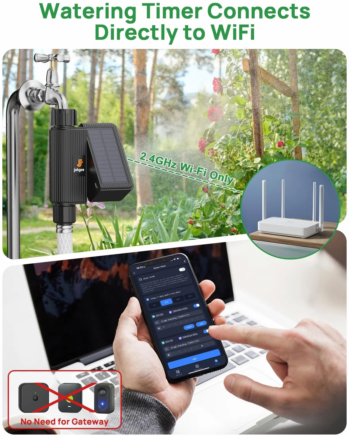 johgee Solarny sterownik nawadniania, Wi-Fi, inteligentny zegar nawadniający, kompatybilny z ogrodem