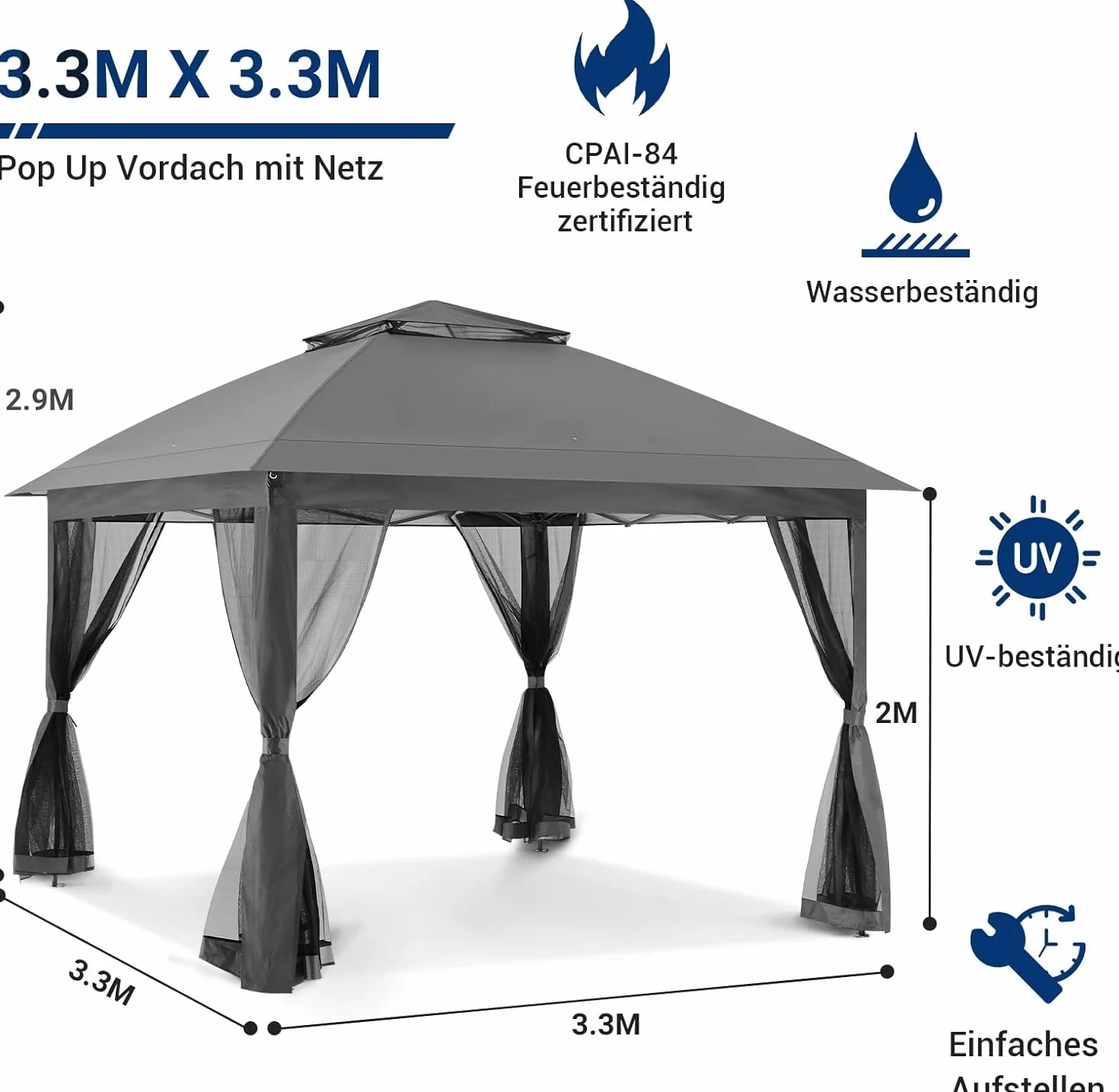 UDPATIO Pawilon składany 3,3 x 3,3 m, namiot Instant Patio Gazebo, wodoszczelny, stabilny, z podwójnym dachem, moskitierą i 4 workami na piasek, metalowe podpory, pawilon ogrodowy na taras, do ogrodu,
