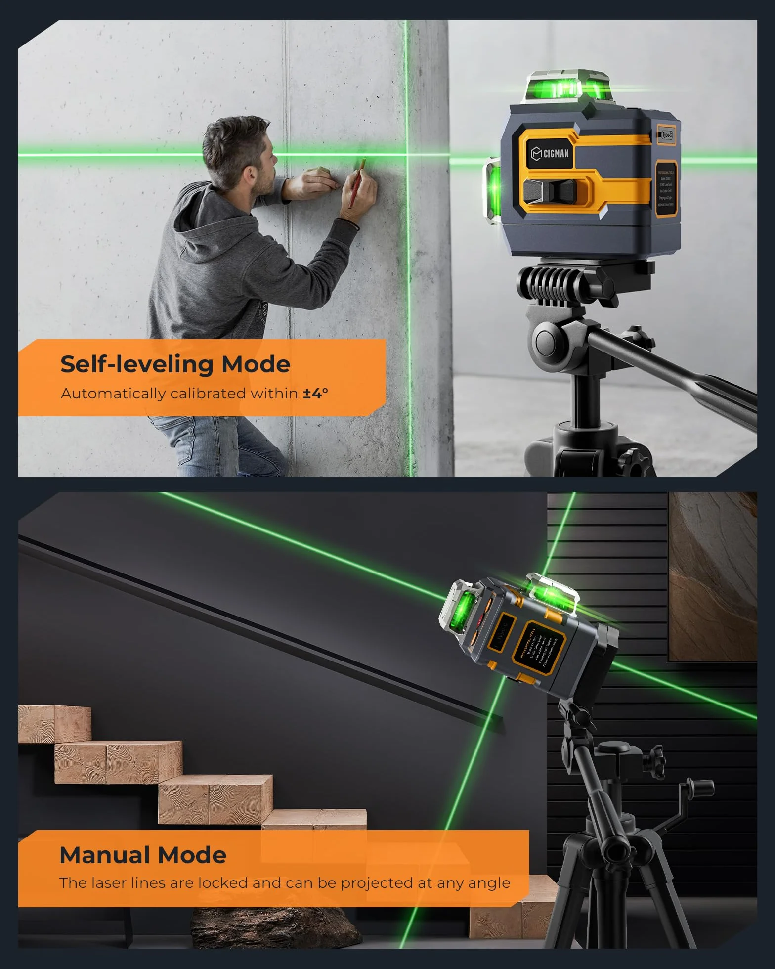 Cigman Laser krzyżowy 3x360° zielony samopoziomujący CM-S01