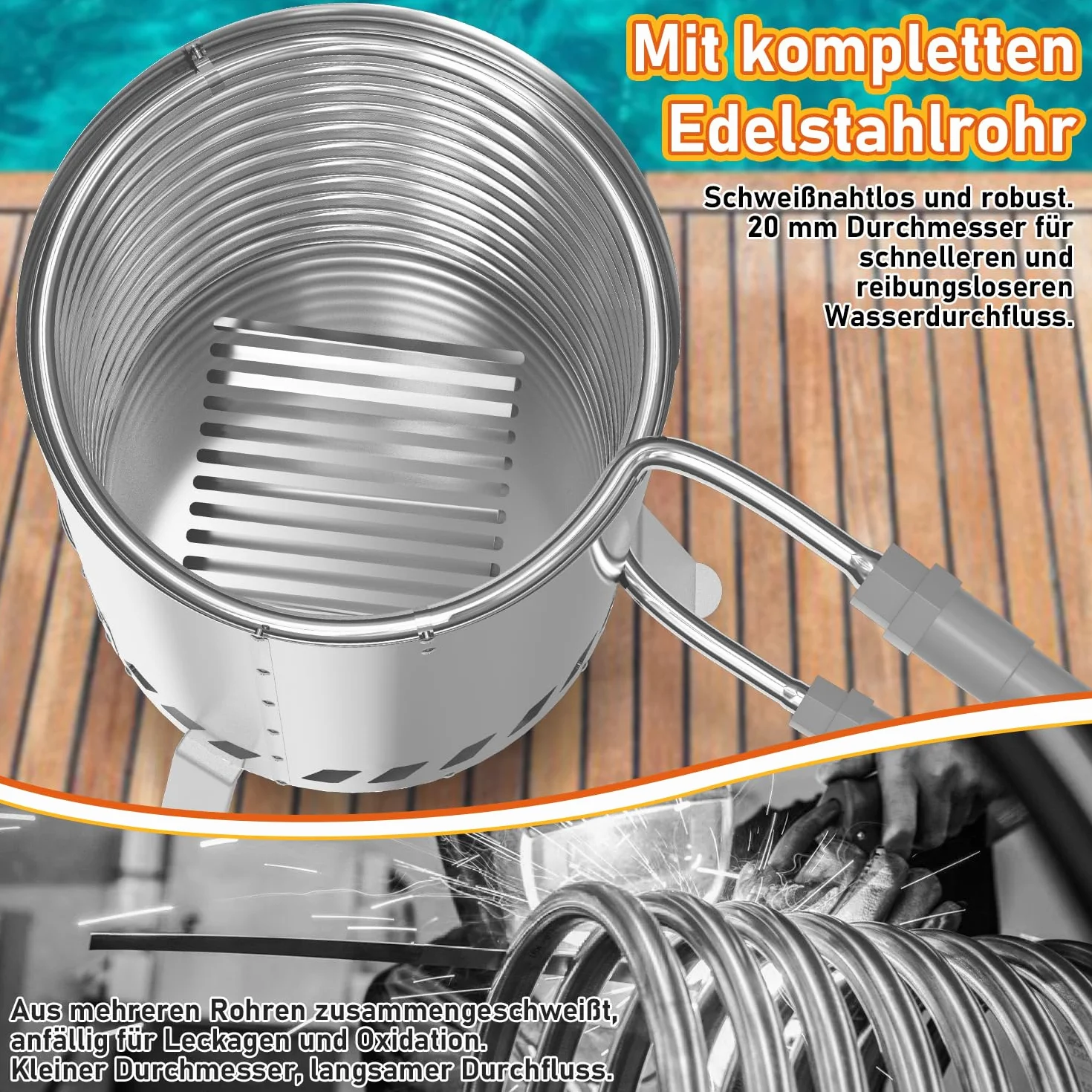 Herrselsam Ogrzewanie basenu z ogniem, kociołek ze spiralą grzewczą, do basenów, przyłącza 32-38 mm, 100% stal nierdzewna, ogrzewanie basenu, odporne na wysokie temperatury maty ogniotrwałe