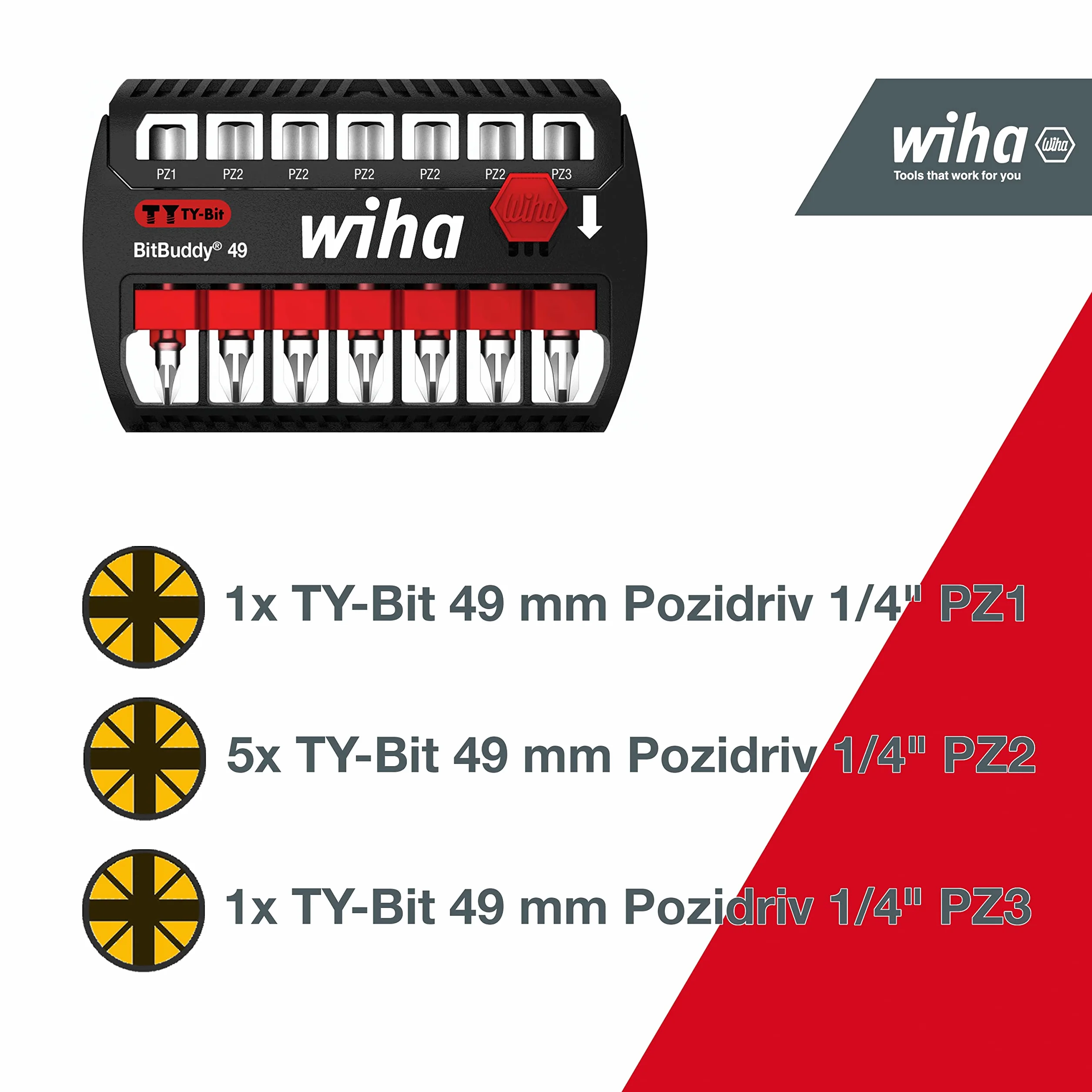 Wiha Zestaw bitów BitBuddy 8-częściowy I Bit Y 49 mm 1/4" E6,3 I Pozidriv I Akcesoria do zastosowań śrubowych I Przystosowany do wkrętarek udarowych i udarowych (42099)