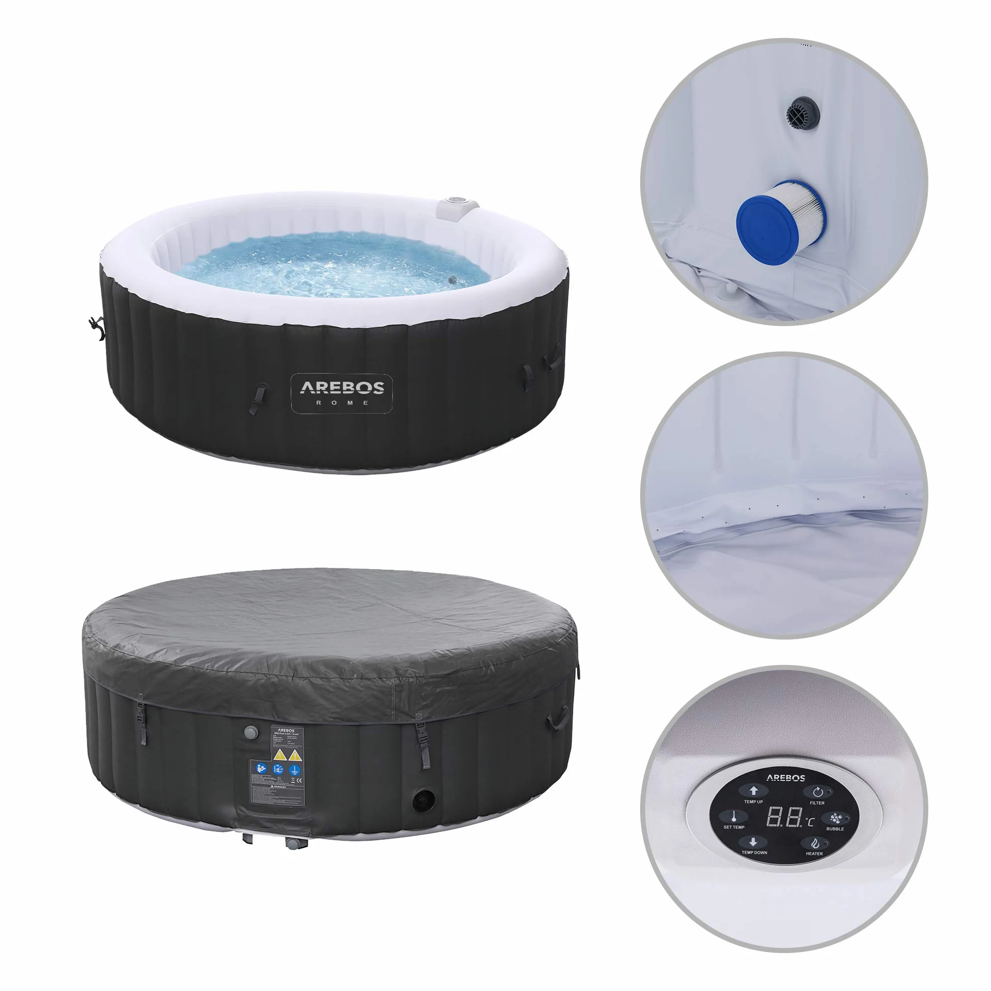 Arebos Nadmuchiwane Spa 6 Osób 208 cm Okrągły 130 Dysz Masujących 1000 Litrów z Ogrzewaniem