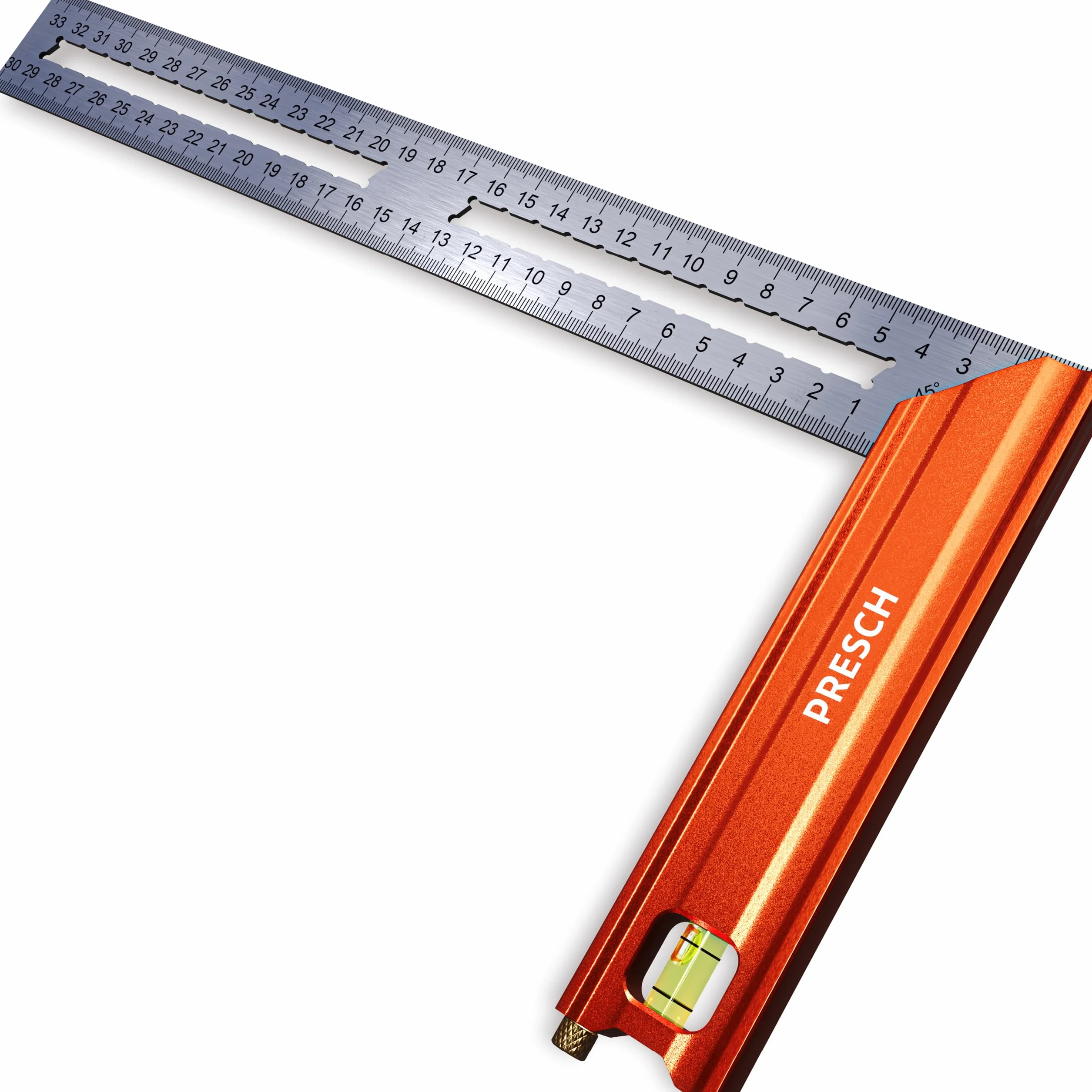 Presch Kątownik stolarskie 300mm | Średni | Zawiera nierdzewny znacznik (30 cm), poziomicę i kołek znacznikowy | 90° i 45° | Kwadrat precyzyjny, kwadrat stolarski, kwadrat inżynierski