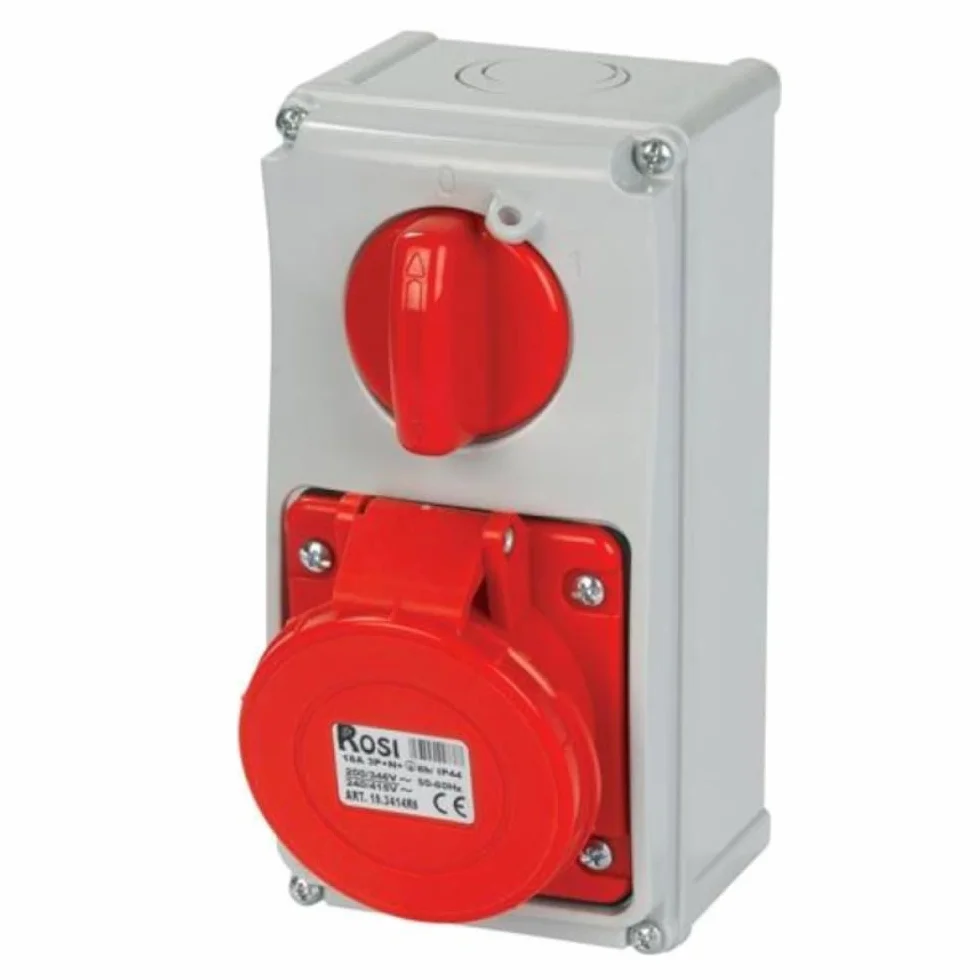 Pionowe gniazdo blokujące z wyłącznikiem, przełącznik, uchwyt ścienny z dnem, 380 V, 415 V, 4-biegunowy, 3P+T, 32A, IP54 do użytku wewnętrznego