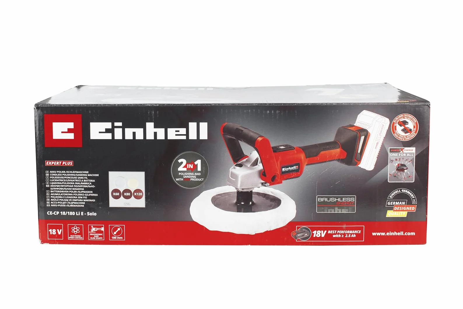 Einhell Akumulatorowa polerka/szlifierka CE-CP 18/180 Li E-Solo Power X-Change (Li-ion, bezszczotkowy silnik elektryczny, elektryczna regulacja prędkości, bez akumulatora i ładowarki)