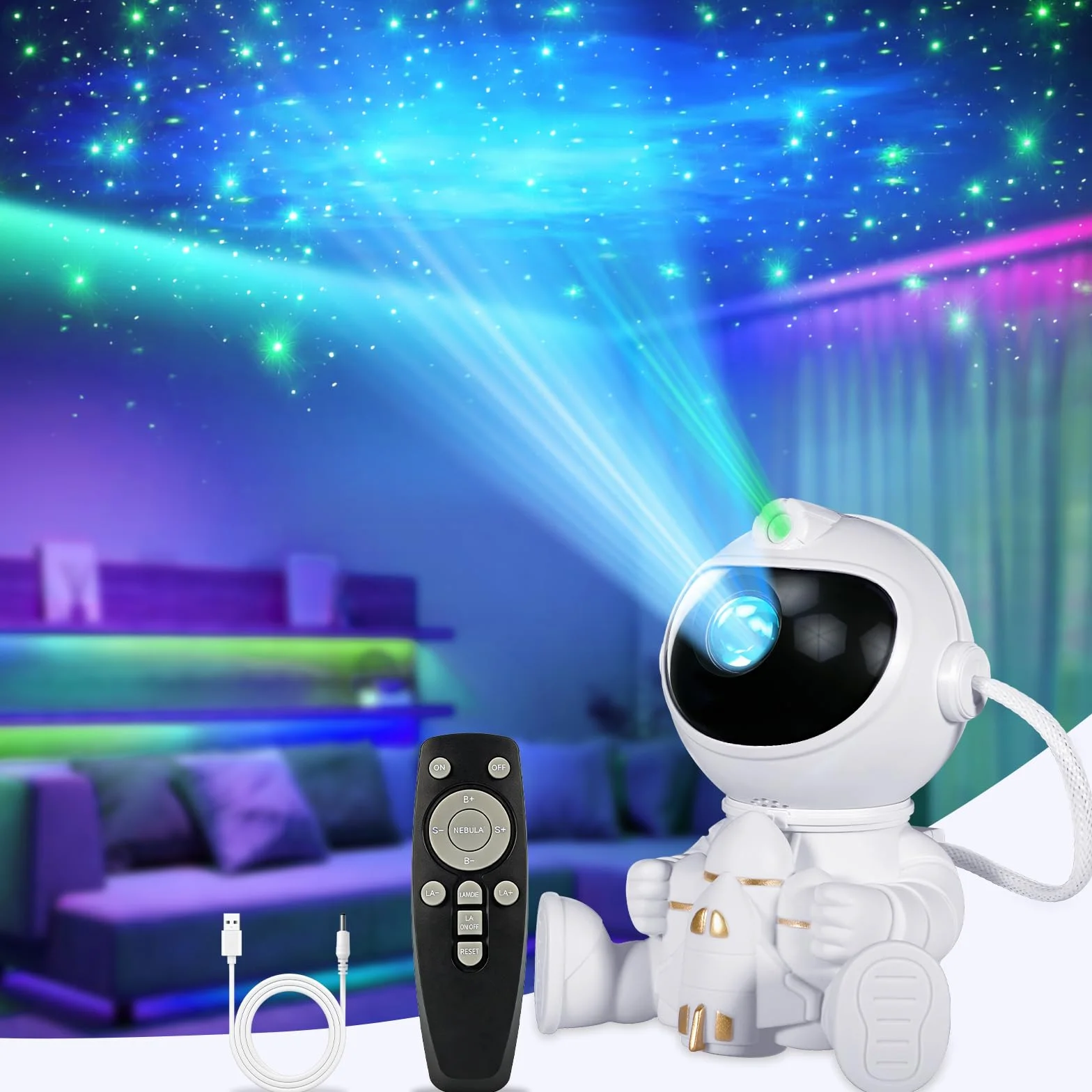 Projektor Gwiaździstego Nieba Astronauta, Lampka Nocna LED dla Dzieci i Dorosłych, 8 Efektów Mgły + 1 Gwiazda, Pilot – Idealny do Dekoracji Pokoju Dziecięcego i na Prezent Urodzinowy Light