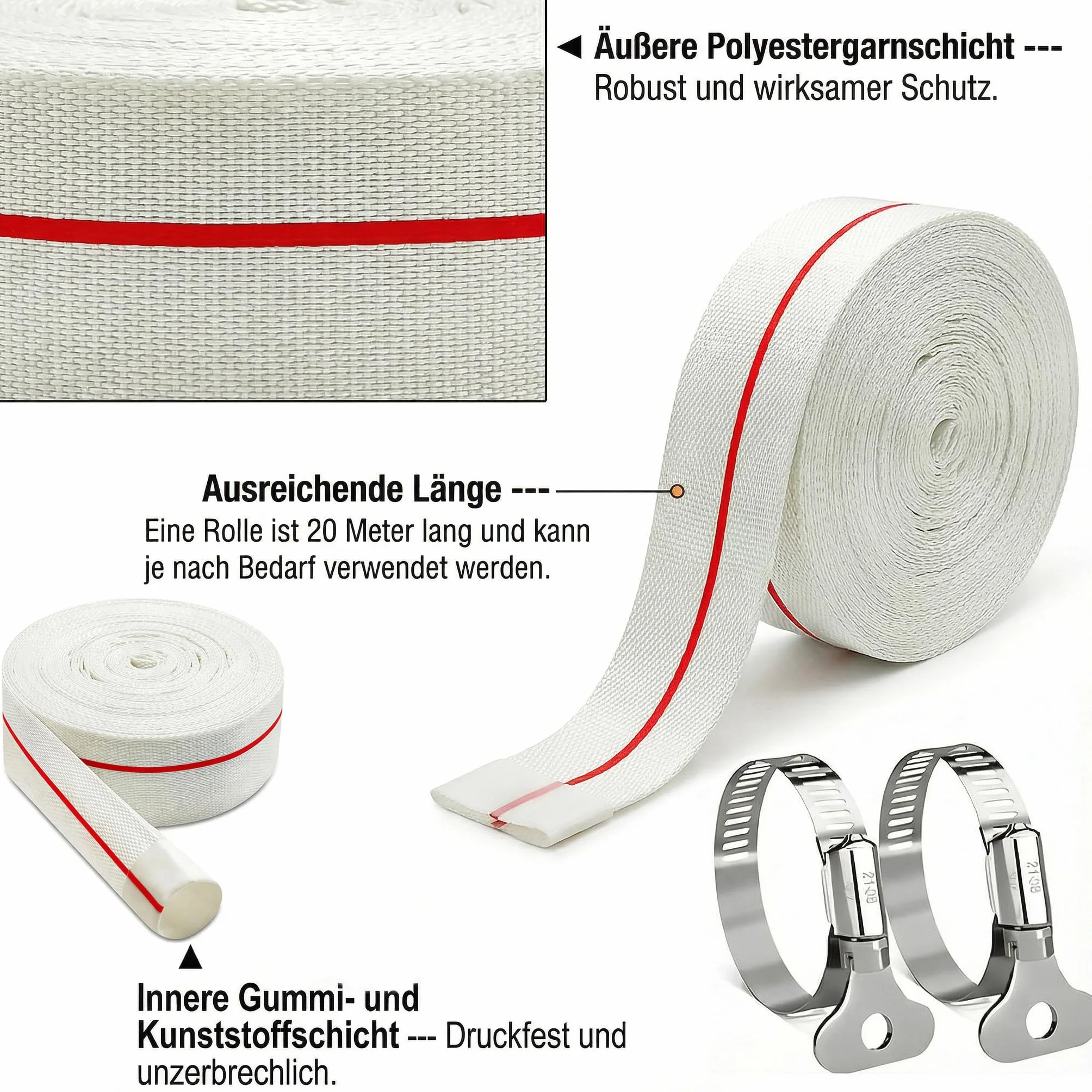 Wąż tkany Ø 32 mm (1 1/4 cala), 20 m wąż do wody, wąż przemysłowy do ogrodu, rolnictwa, przemysłu (z 2 zaciskami do węża 25-38 mm)