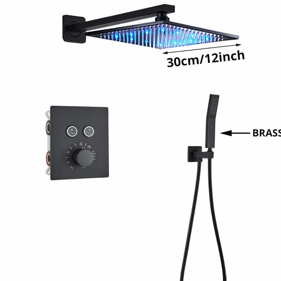 Luksusowa czarna bateria prysznicowa termostatyczna do łazienki deszczownica bateria ścienna do wanny zestaw prysznicowy ścienny B 3W 12" sufitowy,2-drożny 12-calowy