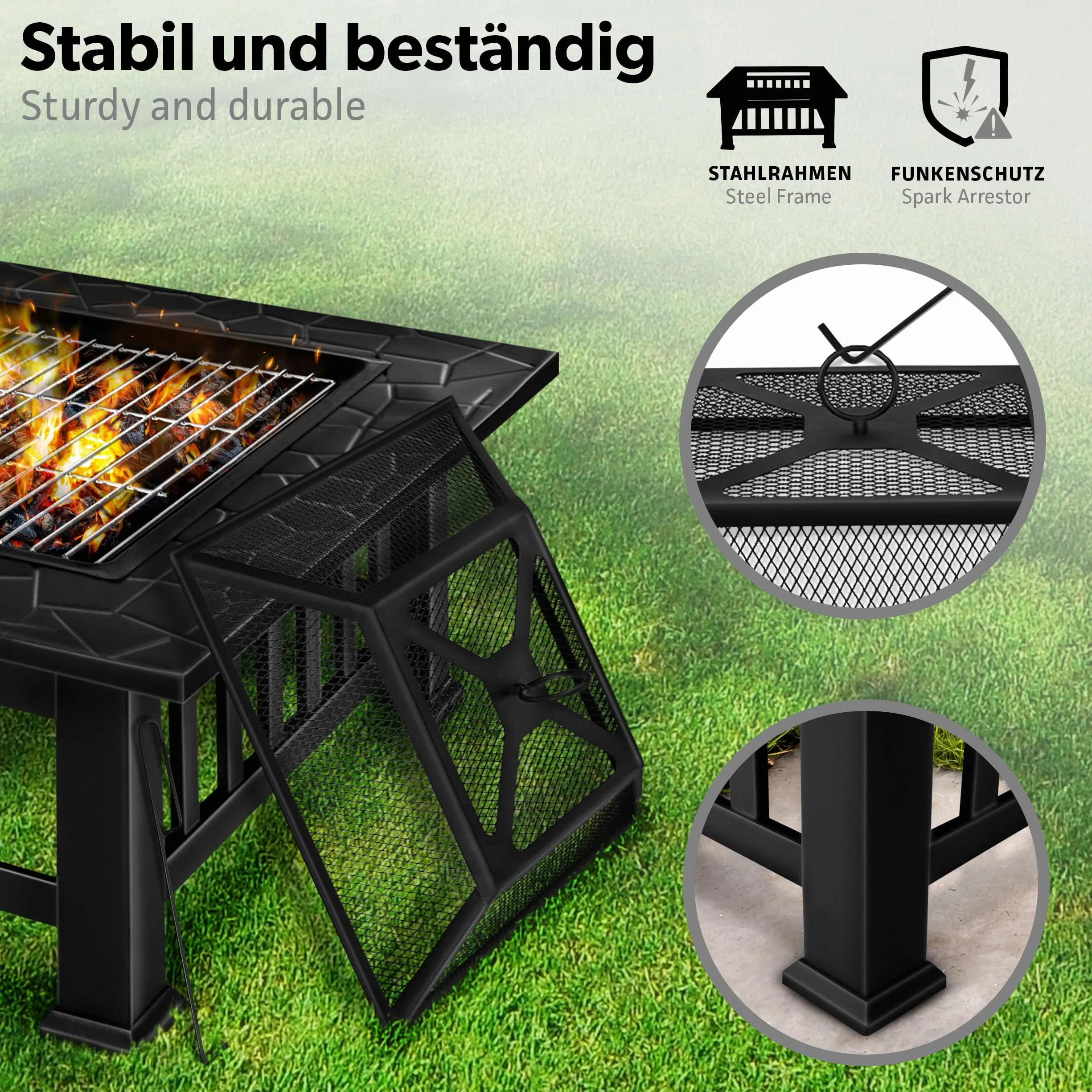 tillvex Palenisko z ochroną przed iskrami i rusztem do grillowania, palenisko do użytku na zewnątrz do ogrodu, grill 3 w 1, z pokrywą, pogrzebaczem, szczypcami i rusztem węglowym (kolor czarny