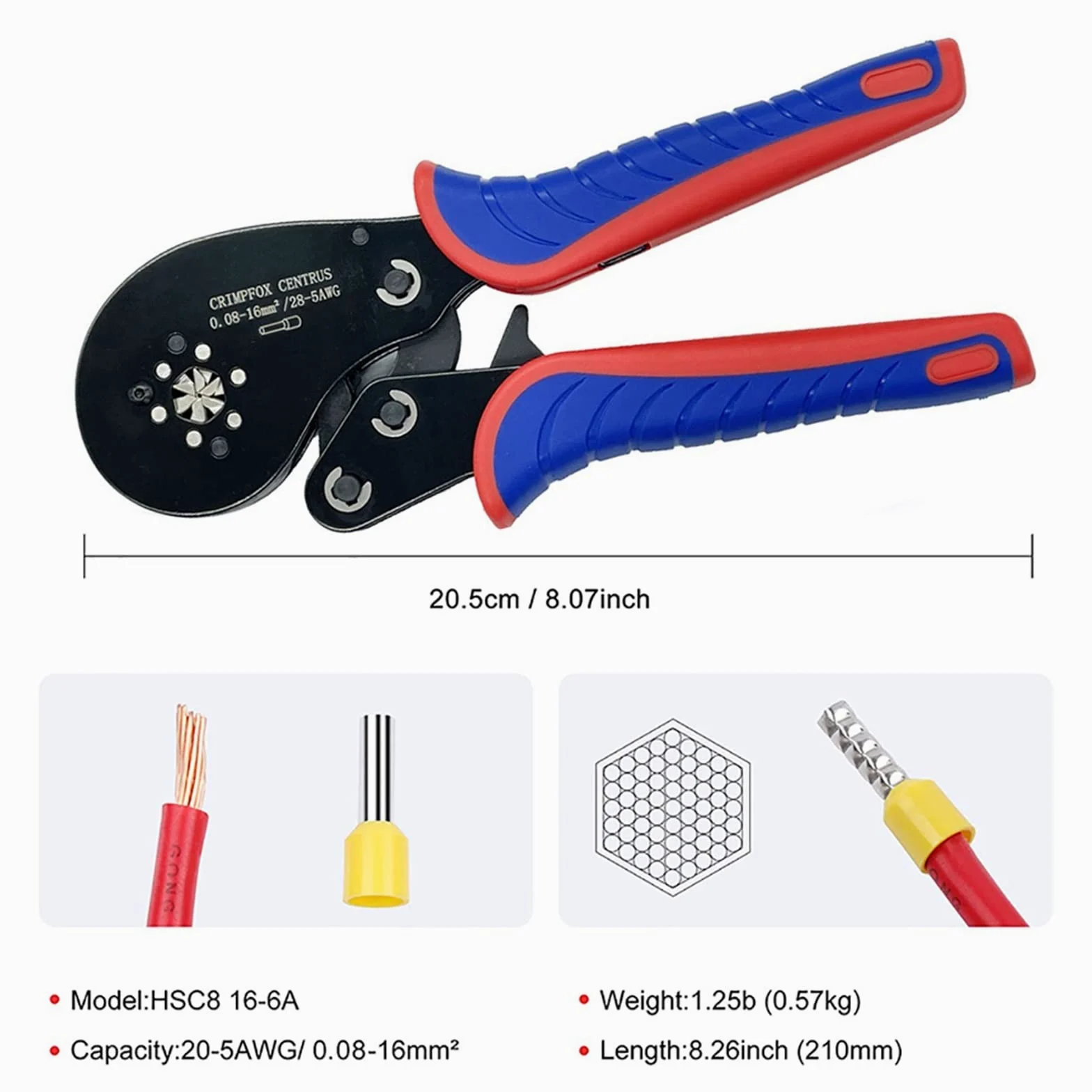 HSC8 16-6 0.08-16mm² zestaw szczypiec do zaciskania końcówek rurowych narzędzie do zaciskania złączy tulejowych precyzyjny zestaw zacisków elektrycznych perfection (Color : HSC8 16-6)
