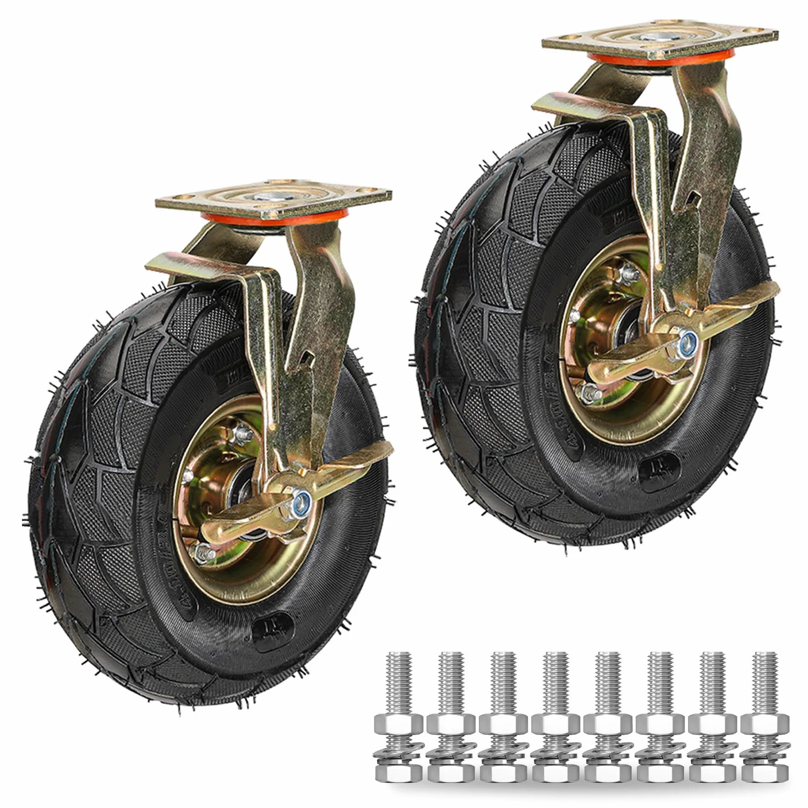 Wytrzymałe kółka skrętne z hamulcem (zestaw 2 sztuk), gumowe koła pneumatyczne 200 mm i 250 mm, idealne do wymiany kółek do wózków, mebli i stołu warsztatowego - Pojemność