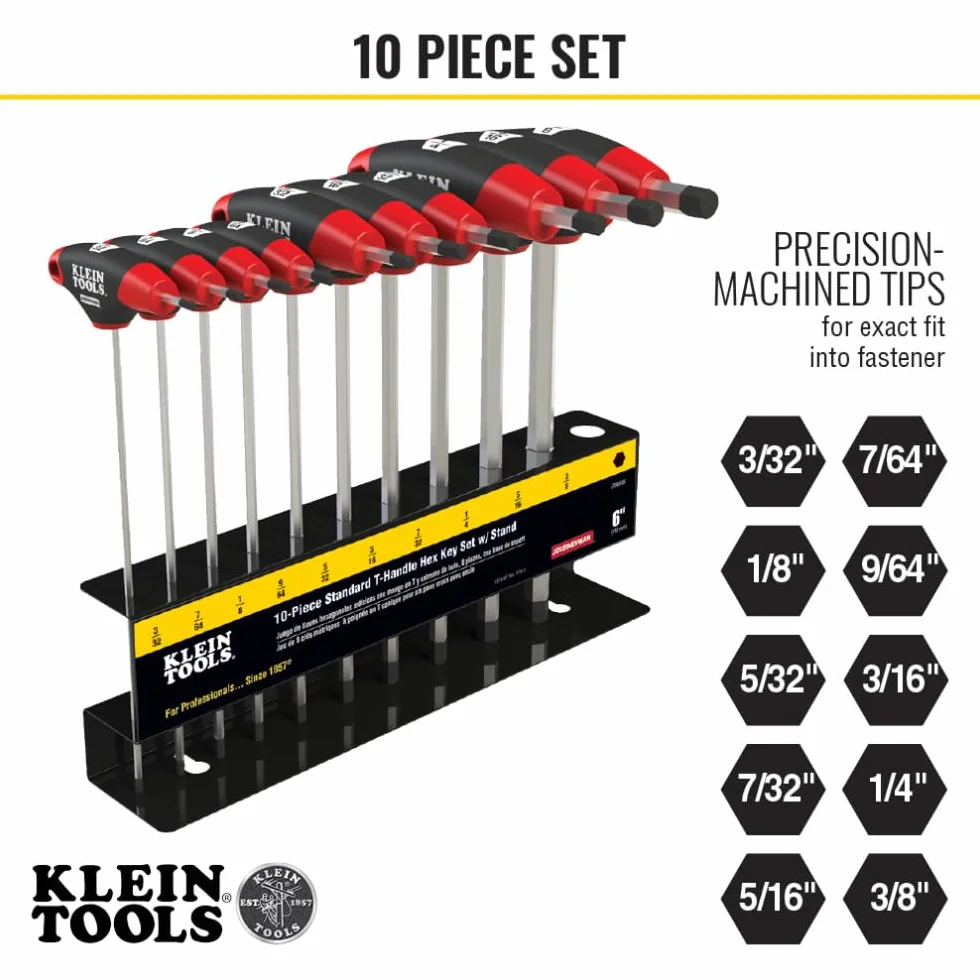 KLEIN TOOLS JTH610E Zestaw kluczy imbusowych SAE z uchwytem w kształcie litery T z ostrzami 6-calowymi, stojak w zestawie, 10-częściowy