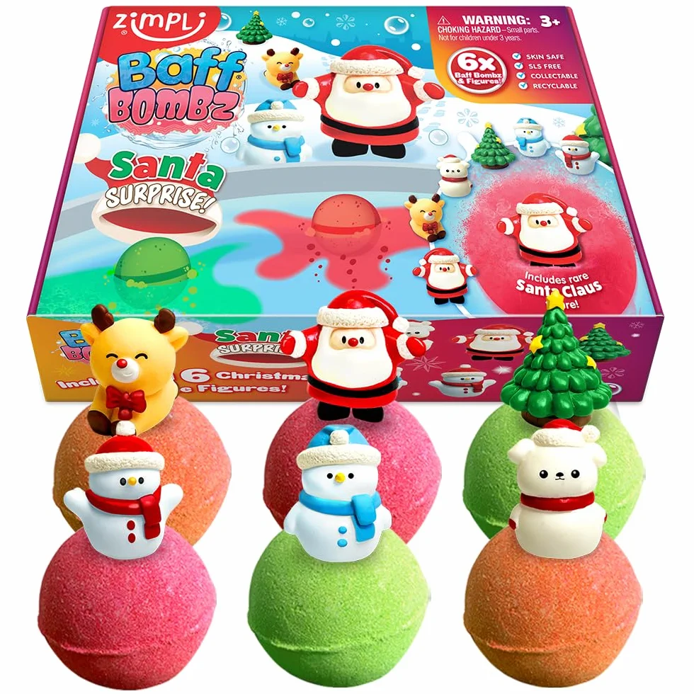 ZIMPLI - 6 x duże świąteczne kule do kąpieli Santa Surprise, 6 świątecznych zabawek do zebrania, świąteczny zestaw prezentowy Baff Bombz dla dzieci, prezenty dla wieku 3+