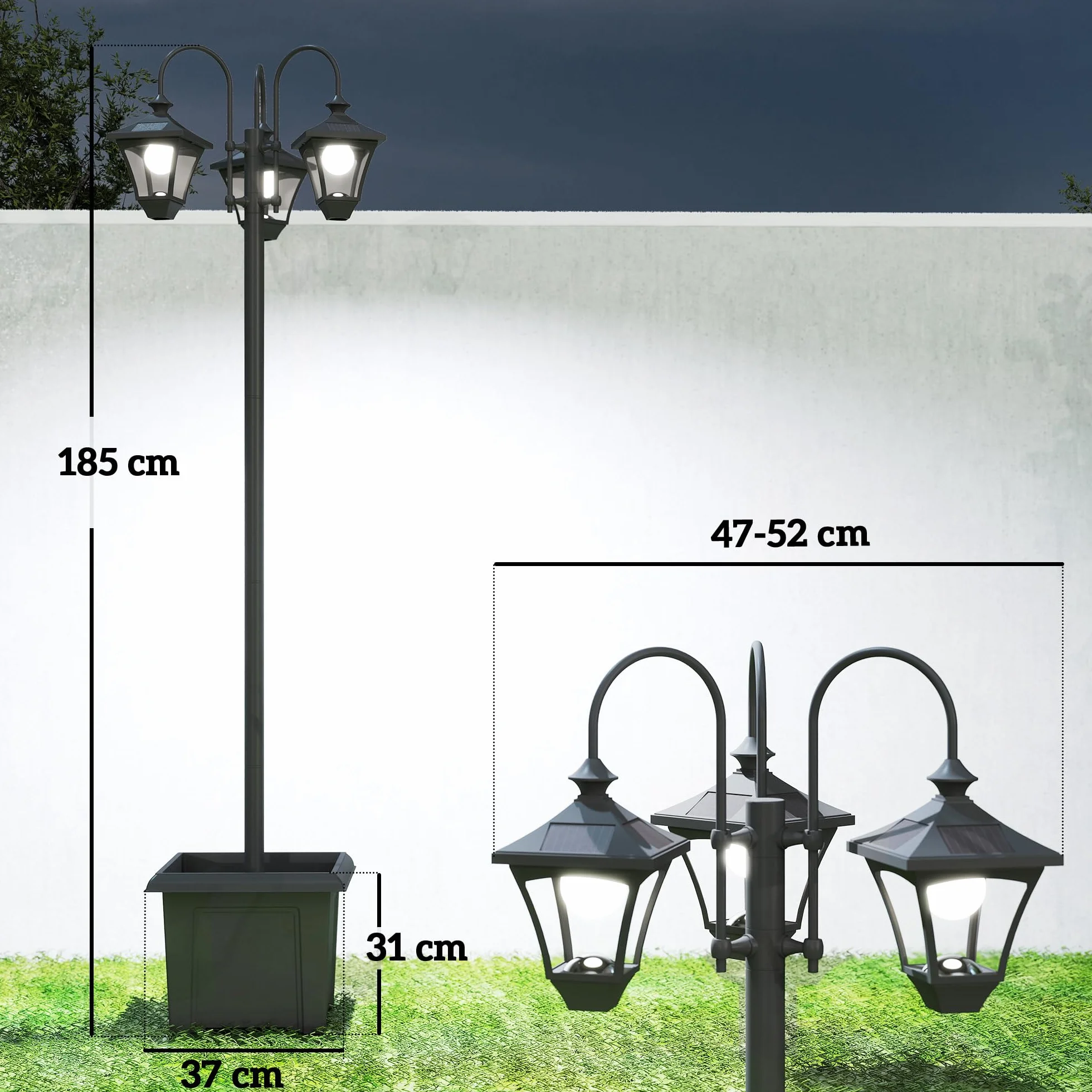 Outsunny Solarna latarnia, lampa stojąca z doniczką, 185 cm, z regulacją wysokości, zewnętrzna latarnia ogrodowa z 3 głowicami lampy, sterowanie światłem, przełącznik IP44, latarnia solarna do ogrodu