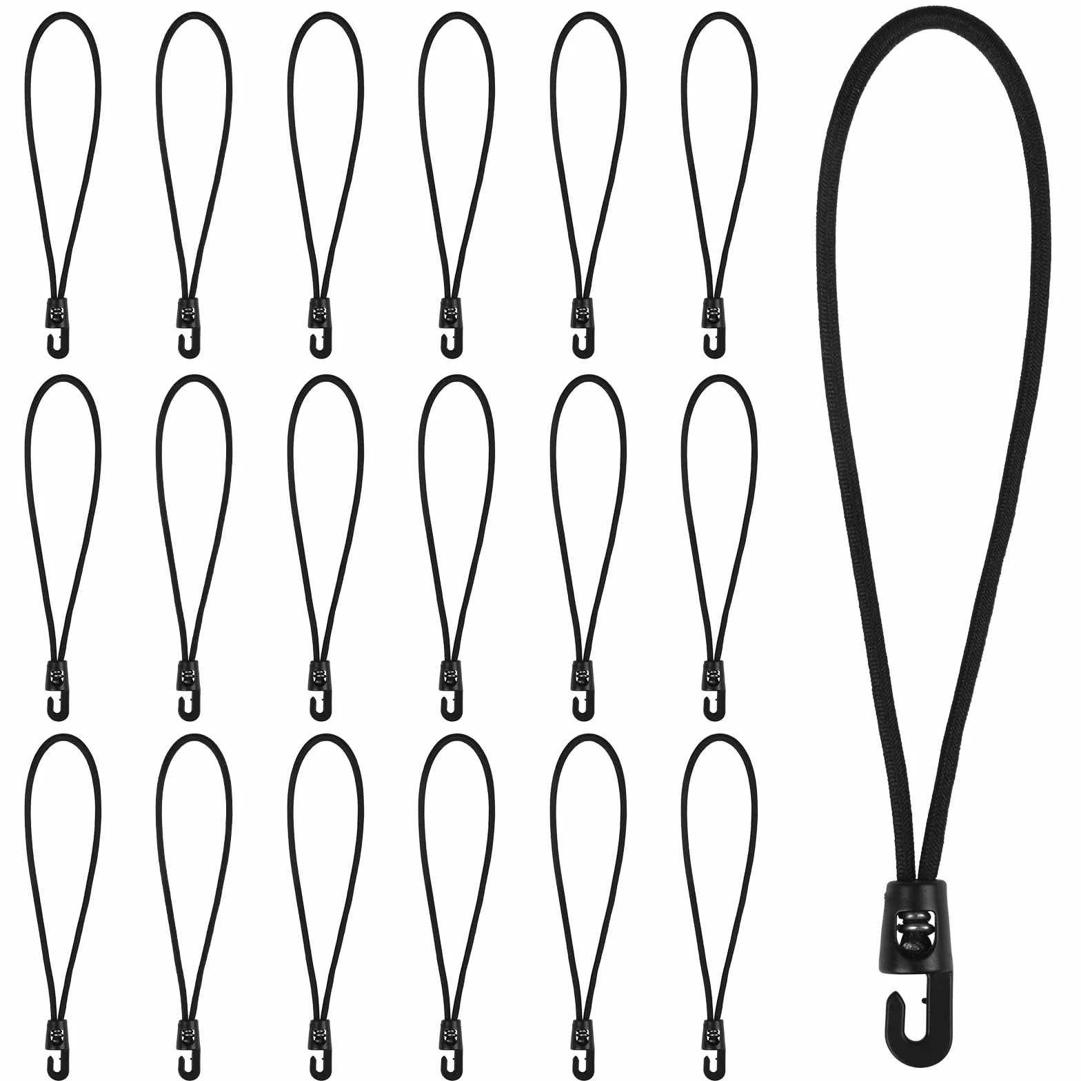18 szt. sznurków bungee z haczykami, 25 cm, czarne, gumowe napinacze z haczykami, do lin kempingowych, plandeki, namiotów, markiz (czarne)