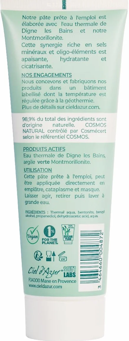 Azur Labs - Zielona glina pasta z wody termalnej - gotowa do użycia, idealna do okładów - bogata w sole mineralne i pierwiastki śladowe - certyfikat naturalny kosmos naturalny - tubka 250ml