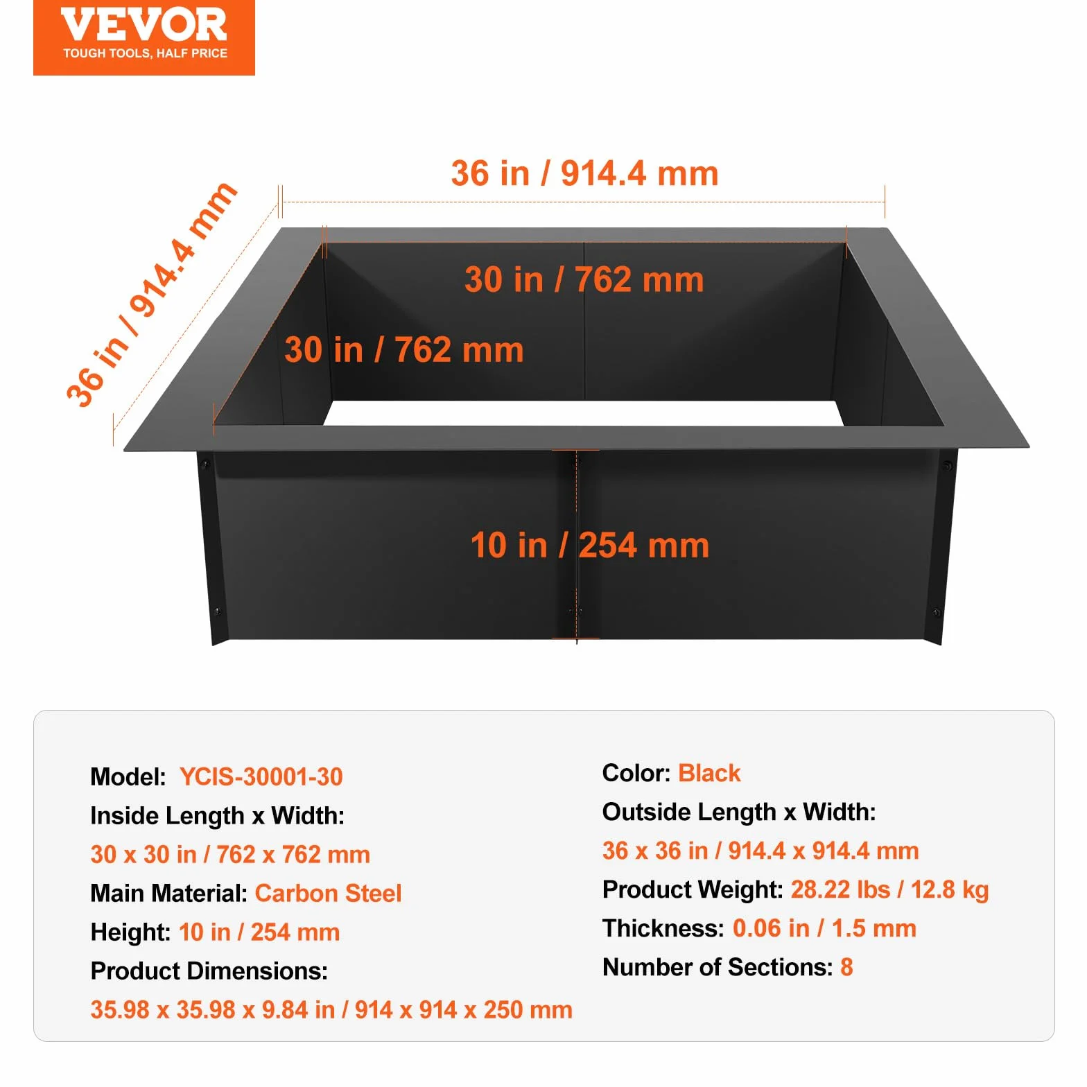 VEVOR Pierścień do paleniska 91x91 cm kwadratowa wkładka ze stali węglowej 25 cm
