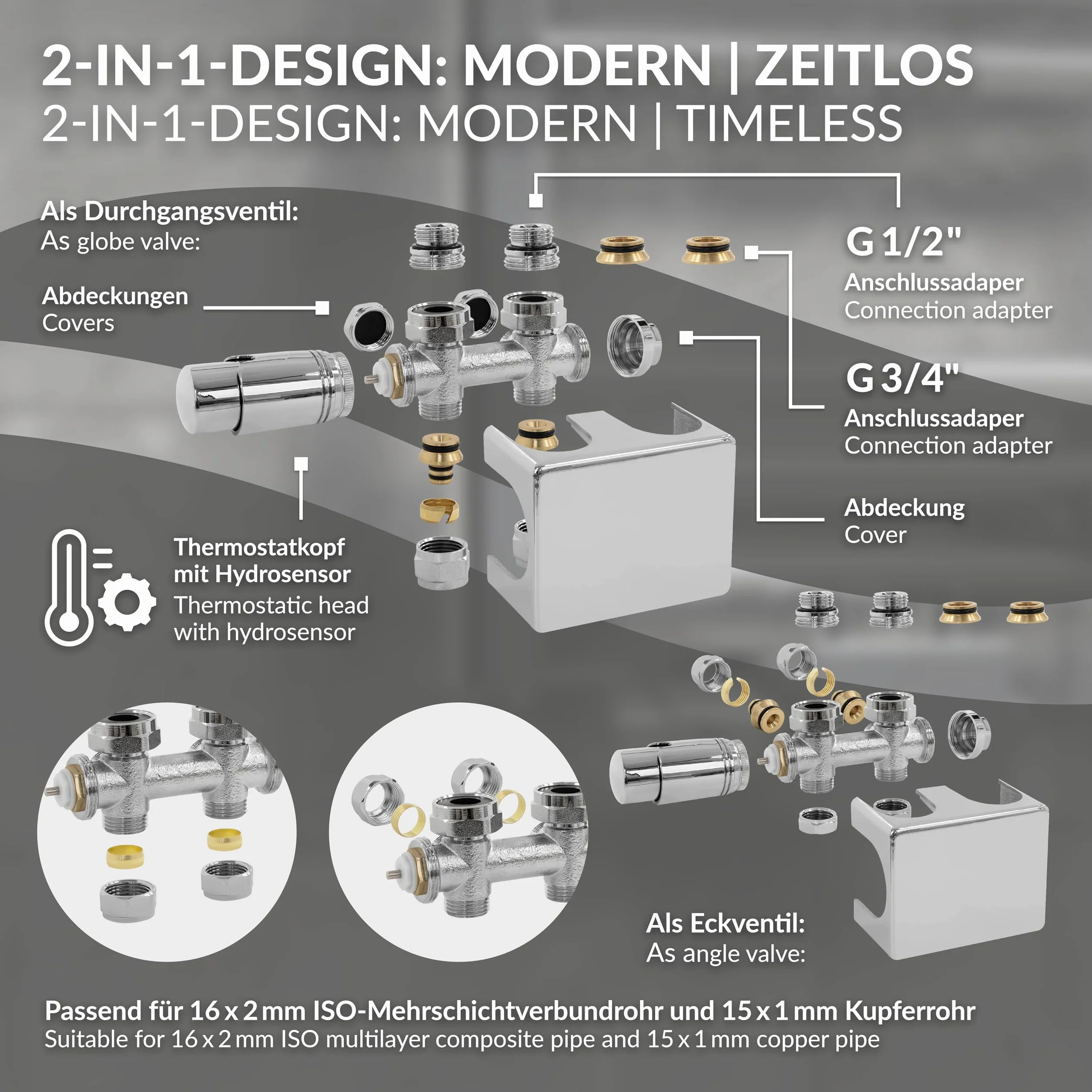ECD Germany Zestaw Zaworowy Multiblock Chrom Chrom Uniwersalny Narozny I Prosty Z Glowica Termostatyczna Do Grzejników Lazienkowych Z Podlaczeniem Srodkowym - Zestaw Przylaczeniowy Grzejnikowy