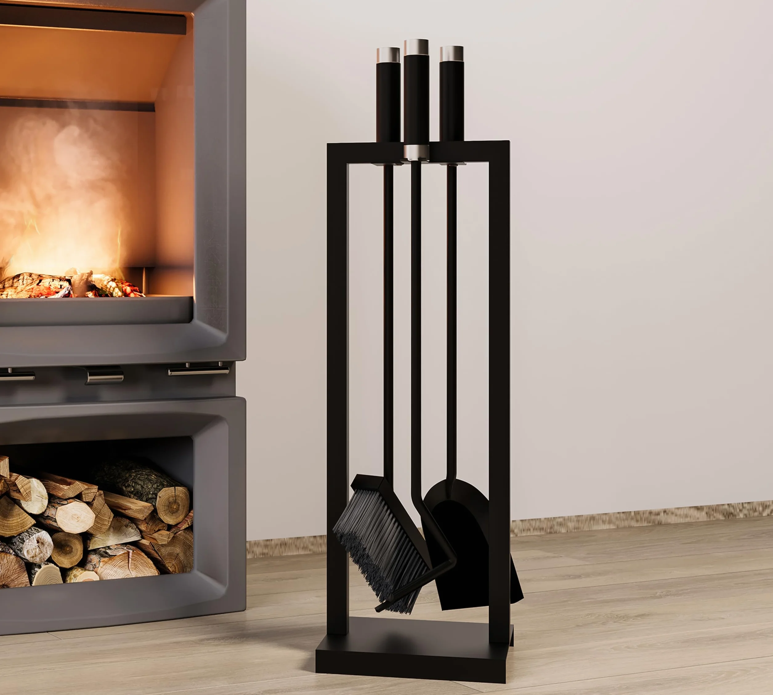 Kingson Fireside Companion – 3-częściowy zestaw narzędzi kominkowych ze stojakiem, zawiera łopatę, pędzel i poker, powlekany proszkowo na czarno ze stalowymi i nierdzewnymi uchwytami, 59,5 cm