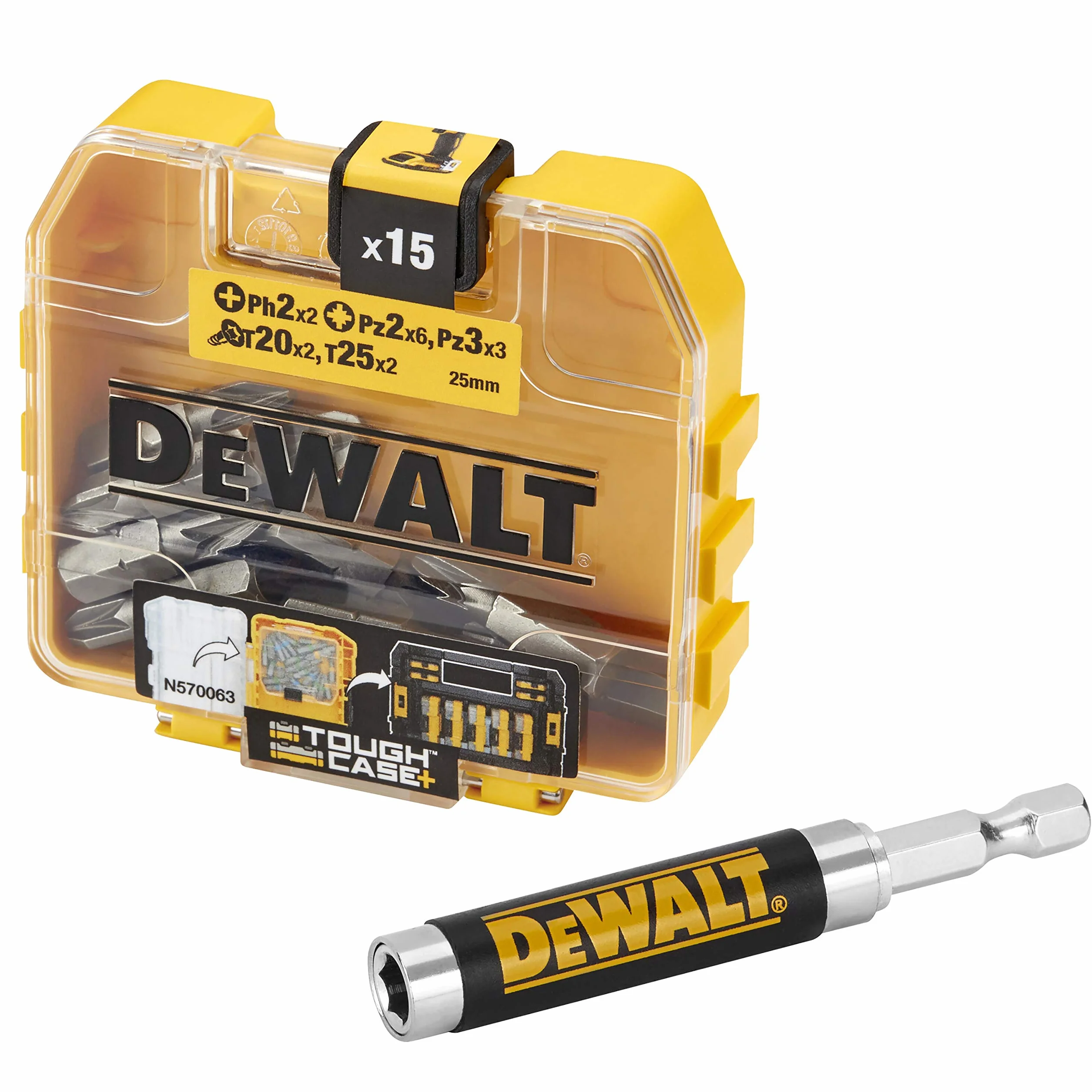 DeWalt DT71511-QZ zestaw z 16 wkładkami wkrętakowymi i wysuwanym uchwytem magnetycznym, wkładki 25 mm: Ph2 x 2, Pz2 x 6, Pz3 x 3, T20 x 2, T25 x 2