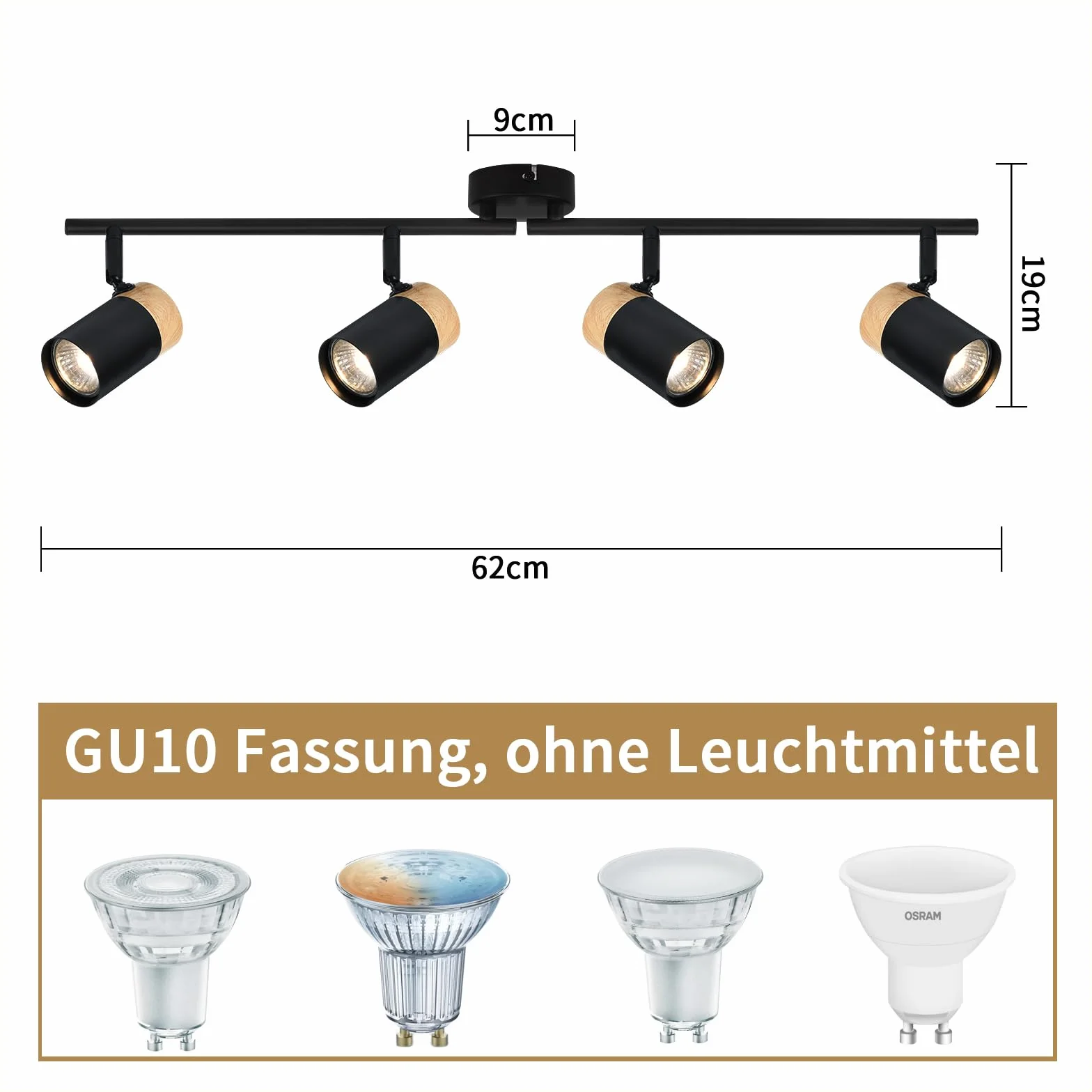 Glitzerlife sufitowy reflektor drewniany czarny lampa sufitowa - lampa sufitowa 4 płomienie GU10 LED obrotowy 330° reflektor do salonu sypialni kuchni pokoju dziecięcego bez żarówek
