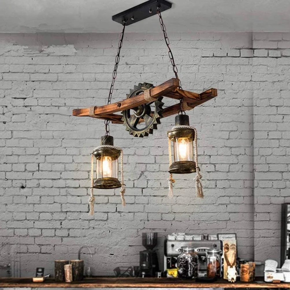 Rustykalna drewniana lampa wisząca w stylu vintage, dębowa lampa wisząca do jadalni, żyrandol industrialny, lampa sufitowa, lampa przemysłowa, styl dworkowy, do baru