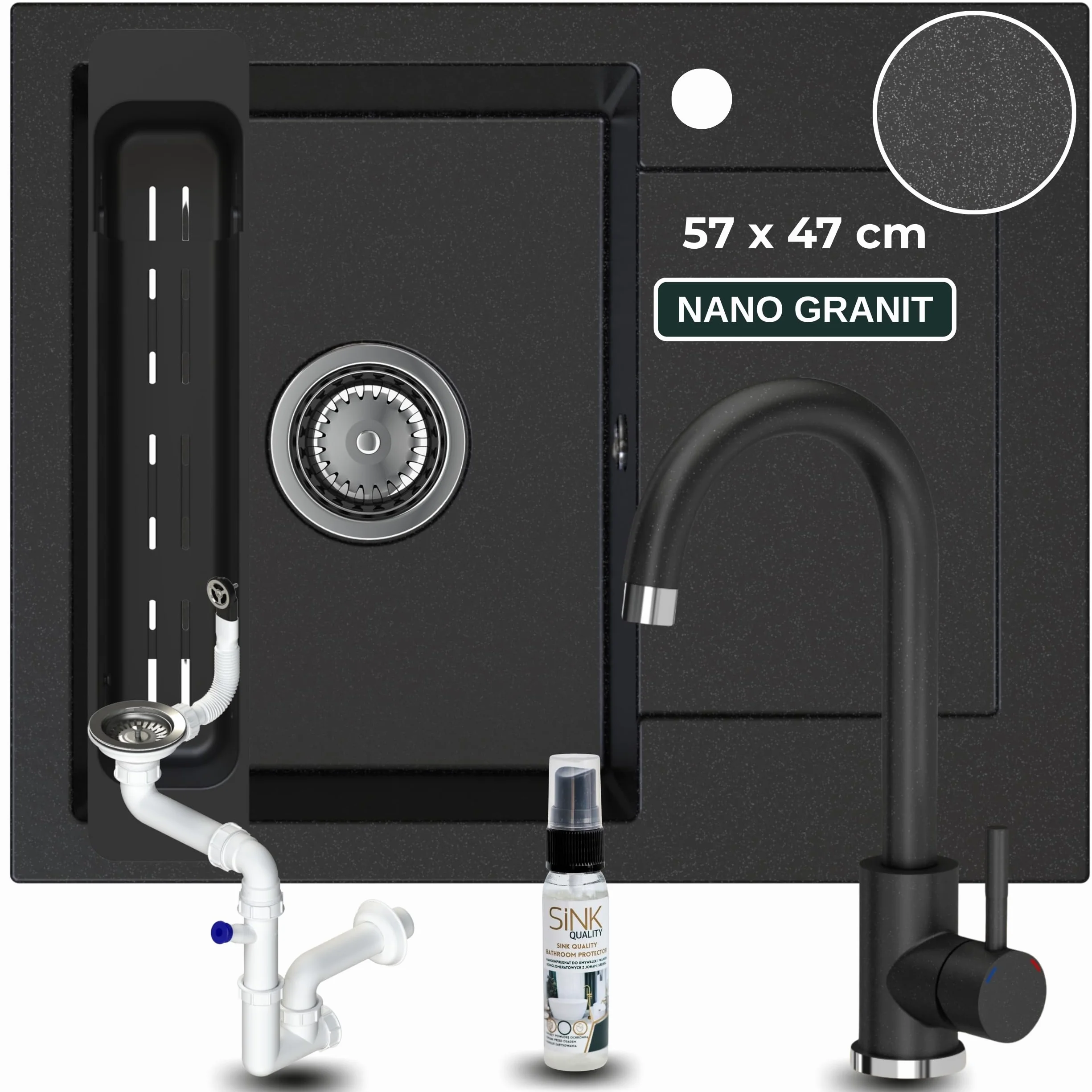 SINK QUALITY zlewozmywak granitowy czarny cętkowany z armaturą 58 x 47 – zlewozmywak z syfonem i środkiem impregnującym – zlewozmywak kuchenny czarny nakrapiany z ociekaczem do szafki pod umywalkę 50