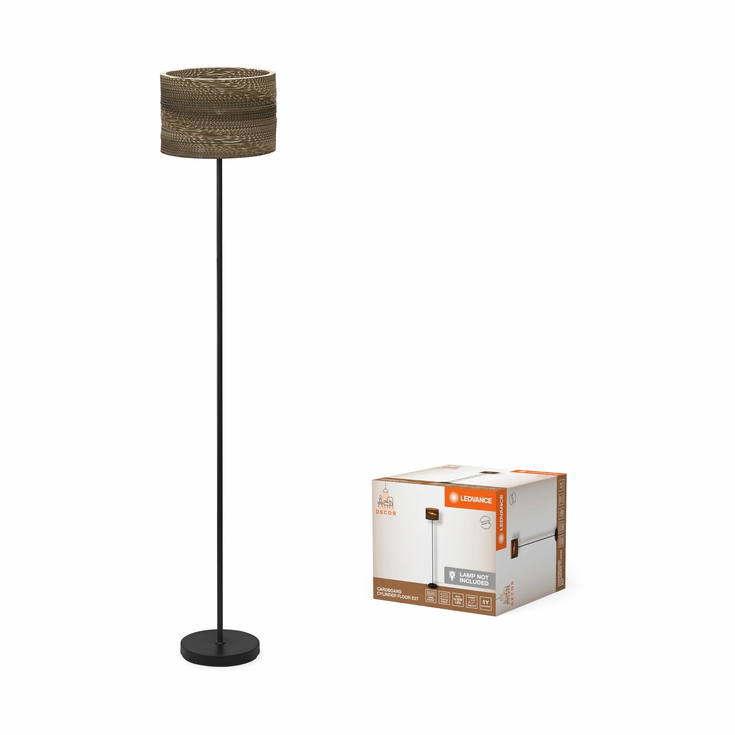 Lampa podłogowa LEDVANCE Decor Cardboard Cylinder brązowa z tektury falistej, E27, Wysokość 1600 mm, klosz wykonany z materiału pochodzącego z recyklingu, trwały dzięki wymiennemu źródłu światła,