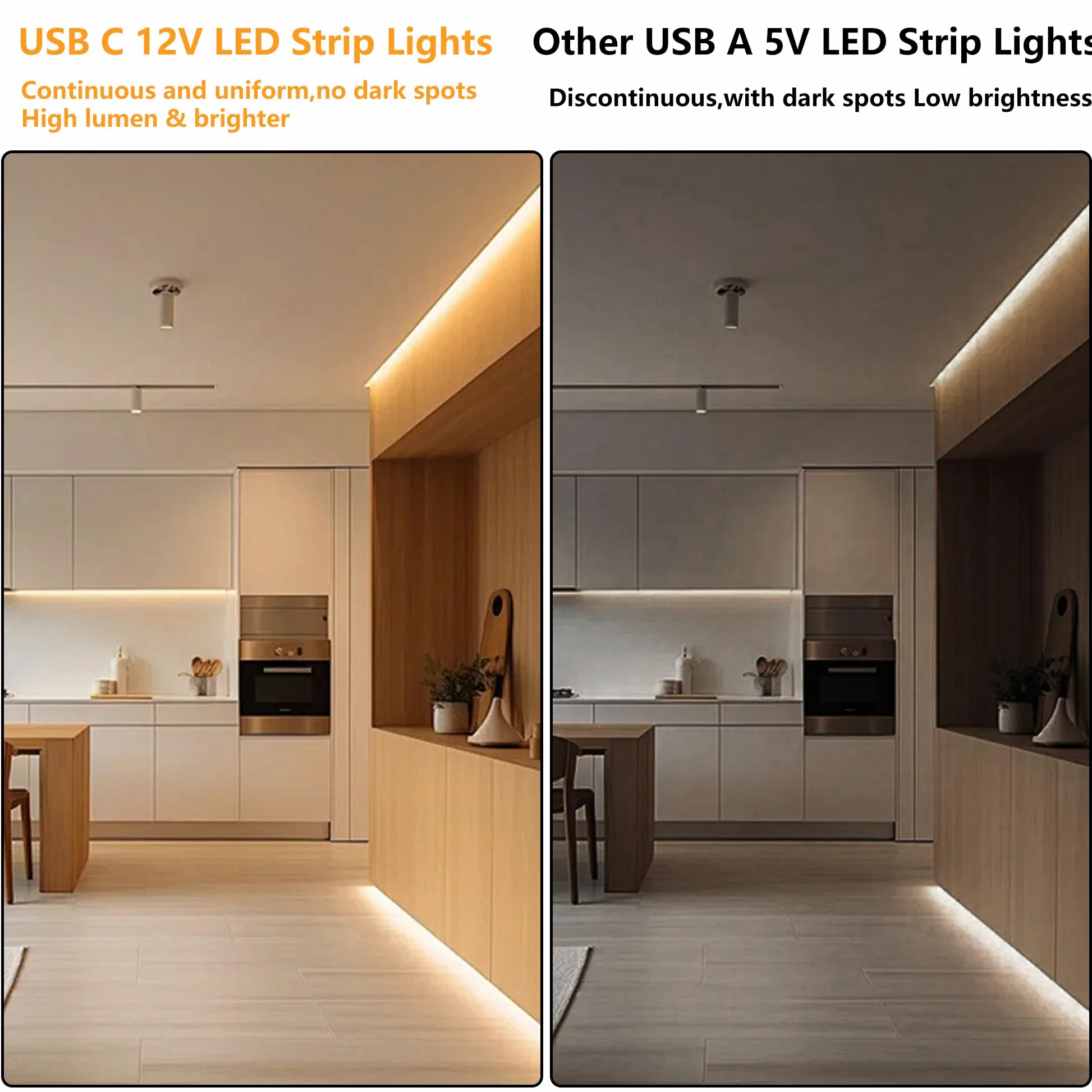 Taśma świetlna LED USB C 12 V, 5 m, jasne oświetlenie podszafkowe, do kuchni, podświetlenia telewizora i kampera, elastyczna taśma świetlna do drukarki 3D i biurka