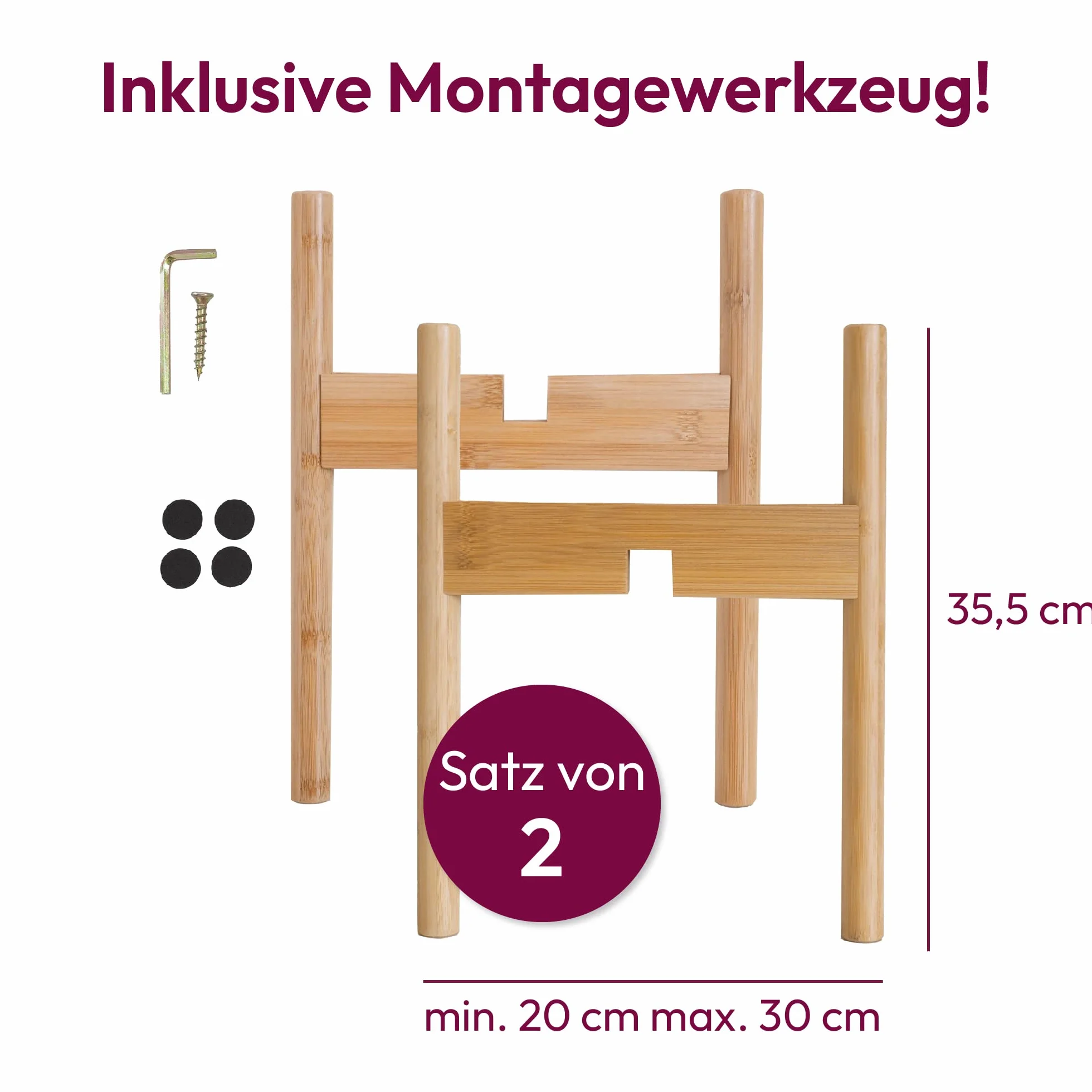 Gadgy Stojak na kwiaty drewniany | Zestaw 2 sztuk Bambusowy Stojak na rośliny | Regulowany stojak na doniczki z kwiatami do Ø 30 cm.
