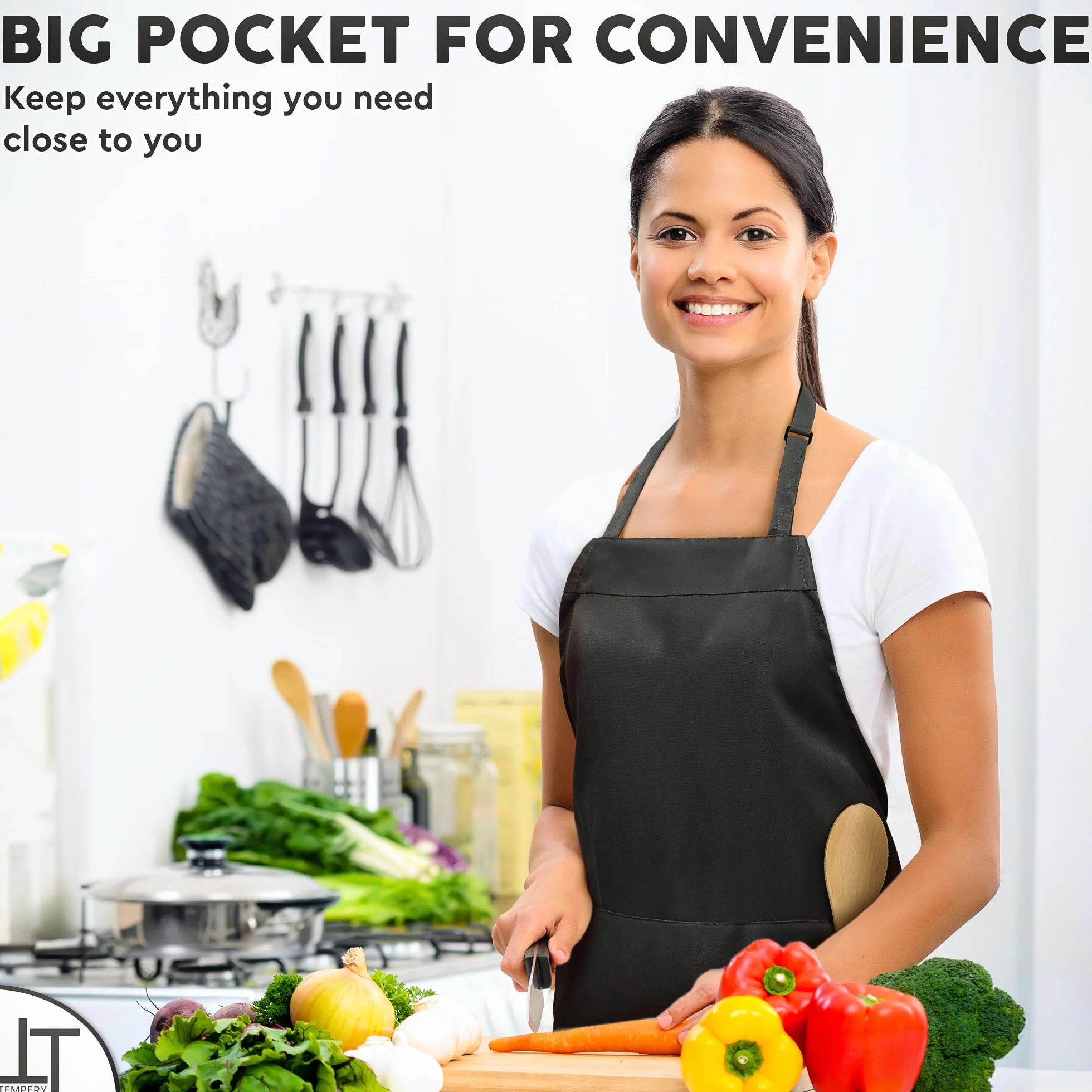 Adjustable Black Kitchen Apron for Men & Women - 80% Polyester 20% Cotton with Large Pocket