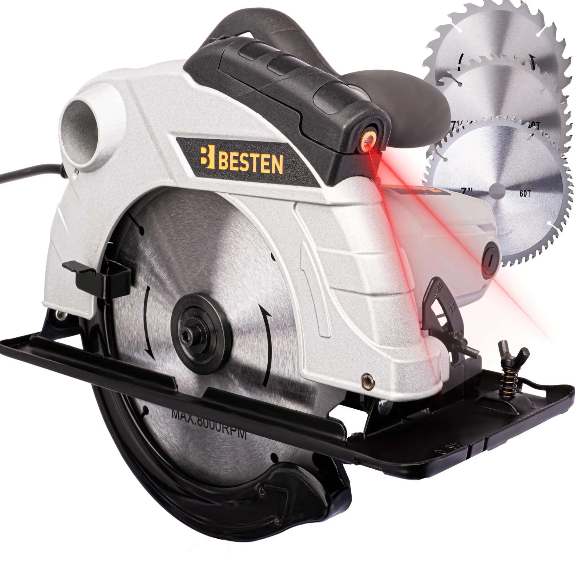 Piła tarczowa ręczna 2000W 185 mm do drewna, laser, 3 tarcze 24T 40T 60T, cięcie 65 mm, regulacja 0–45°, odsysanie pyłu BESTEN