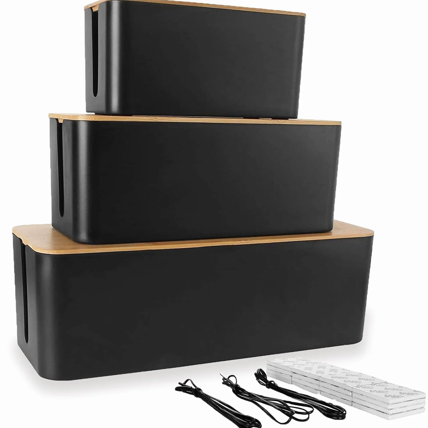ASelected 3 szt. Drewniane Pokrywki Bambusowe Czarne Pokrywki Organizer Box | Biurko Organizer Kabli, Salon i Sypialnia, Ukryć i Ukryć Listwy Zawiasowe
