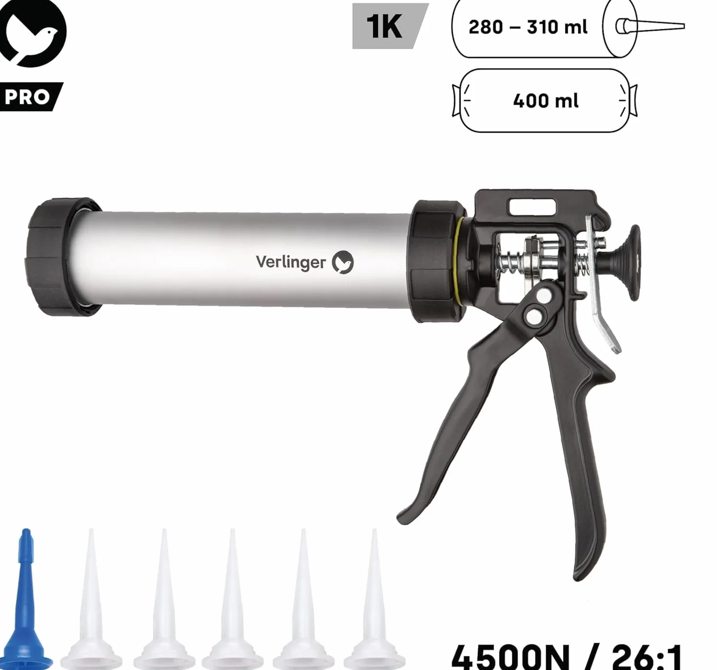 Profesjonalny pistolet na kartusz o pojemności 280/310/400 ml, 4500 N 26:1, trwały, ergonomiczny, precyzyjny do silikonu, akrylu, kleju, wytrzymała konstrukcja do prac budowlanych i