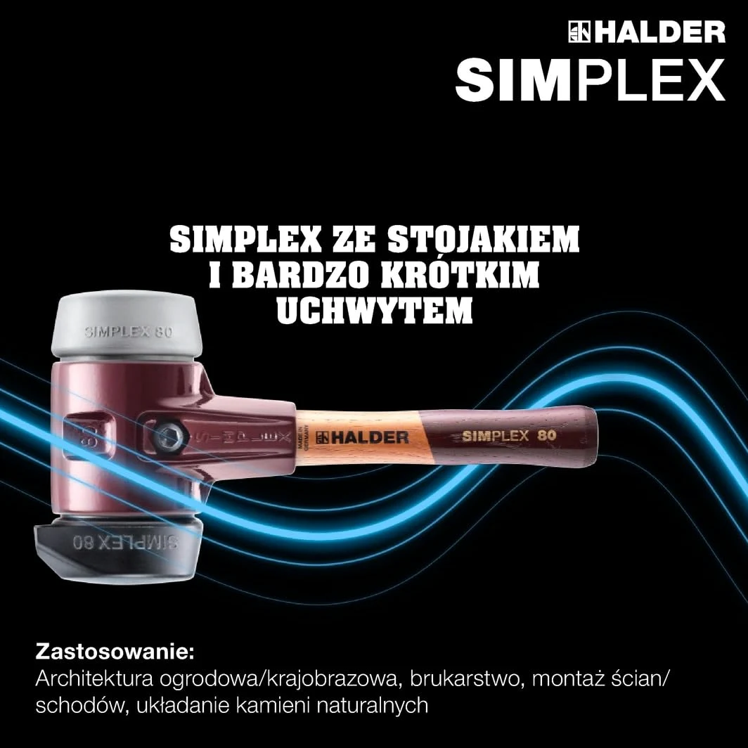 Simplex 3023.282 młotek ochronny, kompozycja gumowa, z podstawką/TPE-mid; z obudową z żeliwa ciągliwego i wysokiej jakości bardzo krótkiego drewnianego trzonka | śr. = 80 mm/wersja trzonka =